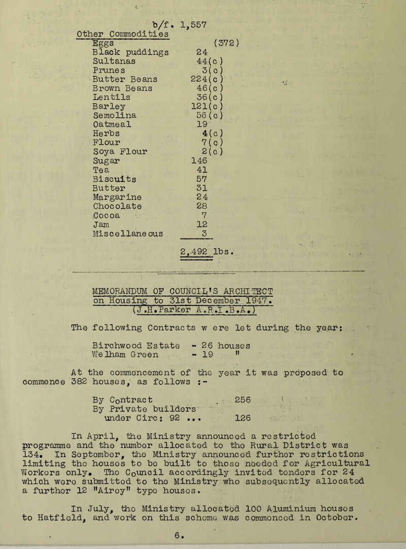 b/f. Other Commodities 1,557 Eggs Black puddings 24 Sultanas 44(c ) Prune s 3(c) Butter Beans 224(c) Brown Beans 46 (c ) Lentils 36(c) Barley 121(c) Semolina 56(c) Oatmeal 19 Herbs 4(c) Flour 7(o) Soya Flour 2(c) Sugar 146 Tea 41 Biscuits 57 Butter 31 Margarine 24 Chocolate 28 Cocoa 7 Jam 12 Miscellane ous 3 2,-492 lb s. MEMORANDUM OF COUNCILS ARCHITECT on Housing to 31st December 1947. (JAH. Parker A. R .TVbYa #T The following Contracts w ere let during the year: ... Birchwood Estate - 26 houses W'elham Green - 19 n At the commencement of the year it was proposed to commence 382 houses, as follows :- By Contract . 256 ! By Private builders under Circ; 92 ... 126 In April, the Ministry announced a restricted programme and the numbor allocated to tho Rural District was 134# In September, the Ministry announced further restrictions limiting tho housos to bo built to those needed for Agricultural Workors only# Tho C0uncil accordingly invitod tenders for 24 which woro submitted to tho Ministry who subsequently allocated a furthor 12 uAiroyn typo housos. In July, tho Ministry allocated 100 Aluminium housos to Hatfield, and work on this scheme was commenced in Octobor.