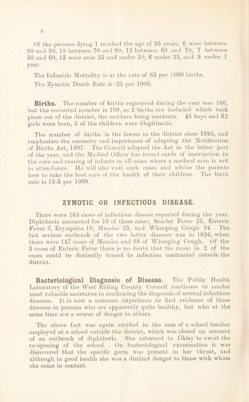 Of the persons dying 1 reached the age of 95 years, 6 were between 80 and 90, 18 between 70 and 80, 12 between 60 and 70, 7 between 50 and 60, 13 were over 25 and under 50, 6 under 25, and 9 under 1 year. The Infantile Mortality is at the rate of 83 per 1000 births. The Zymotic Death Rate is *25 per 1000. Births. The number of births registered during the year was 106, but the corrected number is 108, as 2 births are included which took place out of the district, the mothers being residents. 46 boys and 62 girls were born, 5 of the children were illegitimate. The number of births is the lowest in the district since 1893, and emphasizes the necessity and importance of adopting the Notification of Births Act, 1907. The Council adopted the Act in the latter part of the year, and the Medical Officer has issued cards of instruction in the care and rearing of infants in all cases where a medical man is not in attendance. He will also visit such cases and advise the parents how to take the best care of the health of their children. The birth rate is 13*5 per 1000. ZYMOTIC OR INFECTIOUS DISEASE. There were 165 cases of infectious disease reported during the year. Diphtheria accounted for 10 of these cases, Scarlet Fever 25, Enteric Fever 3, Erysipelas 10, Measles 23, and Whooping Cough 94. The last serious outbreak of the two latter diseases was in 1896, when there were 147 cases of Measles and 88 of Whooping Cough. Of the 3 cases of Enteric Fever there is no doubt that the cause in 2 of the cases could be distinctly traced to infection contracted outside the district. Bacteriological Diagnosis of Disease. The Public Health Laboratory of the West Riding County Council continues to render most valuable assistance in confirming the diagnosis of several infectious diseases. It is now a common experience to find evidence of these diseases in persons who are apparently quite healthy, but who at the same time are a source of danger to others. The above fact was again verified in the case of a school teacher employed at a school outside the district, which was closed on account of an outbreak of diphtheria. She returned to Ilkley to await the re-opening of the school. On bacteriological examination it was discovered that the specific germ was present in her throat, and although in good health she was a distinct danger to those with whom she came in contact.