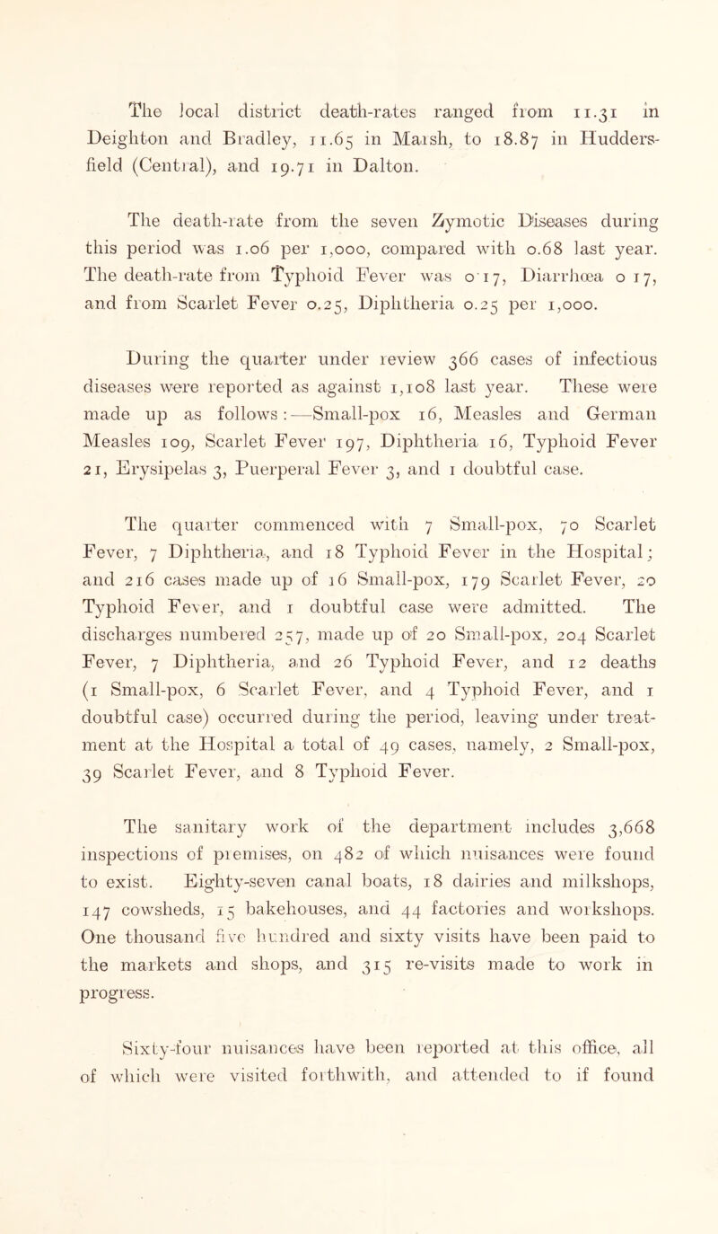 Deighton and Bradley, 11.65 in Marsh, to 18.87 in Hudders- field (Central), and 19.71 in Dalton. The death-rate from the seven Zymotic Diseases during this period was 1.06 per 1,000, compared with 0.68 last year. The death-rate from Typhoid Fever was 017, Diarrhoea 017, and from Scarlet Fever 0.25, Diphtheria 0.25 per 1,000. During the quarter under review 366 cases of infectious diseases were reported as against 1,108 last year. These were made up as follows:—Small-pox r6, Measles and German Measles 109, Scarlet Fever 197, Diphtheria 16, Typhoid Fever 2i, Erysipelas 3, Puerperal Fever 3, and 1 doubtful case. The quarter commenced with 7 Small-pox, 70 Scarlet Fever, 7 Diphtheria, and 18 Typhoid Fever in the Hospital ; and 216 cases made up of 16 Small-pox, 179 Scarlet Fever, 20 Typhoid Fever, and r doubtful case were admitted. The discharges numbered 257, made up of 20 Small-pox, 204 Scarlet Fever, 7 Diphtheria, and 26 Typhoid Fever, and 12 deaths (1 Small-pox, 6 Scarlet Fever, and 4 Typhoid Fever, and 1 doubtful case) occurred during the period, leaving under treat- ment at the Hospital a total of 49 cases, namely, 2 Small-pox, 39 Scarlet Fever, and 8 Typhoid Fever. The sanitary work of the department includes 3,668 inspections of premises, on 482 of which nuisances were found to exist. Eighty-seven canal boats, 18 dairies and milkshops, 147 cowsheds, 15 bakehouses, and 44 factories and workshops. One thousand five hundred and sixty visits have been paid to the markets and shops, and 315 re-visits made to work in progress. Sixty-four nuisances have been reported at this office, all of which were visited forthwith, and attended to if found