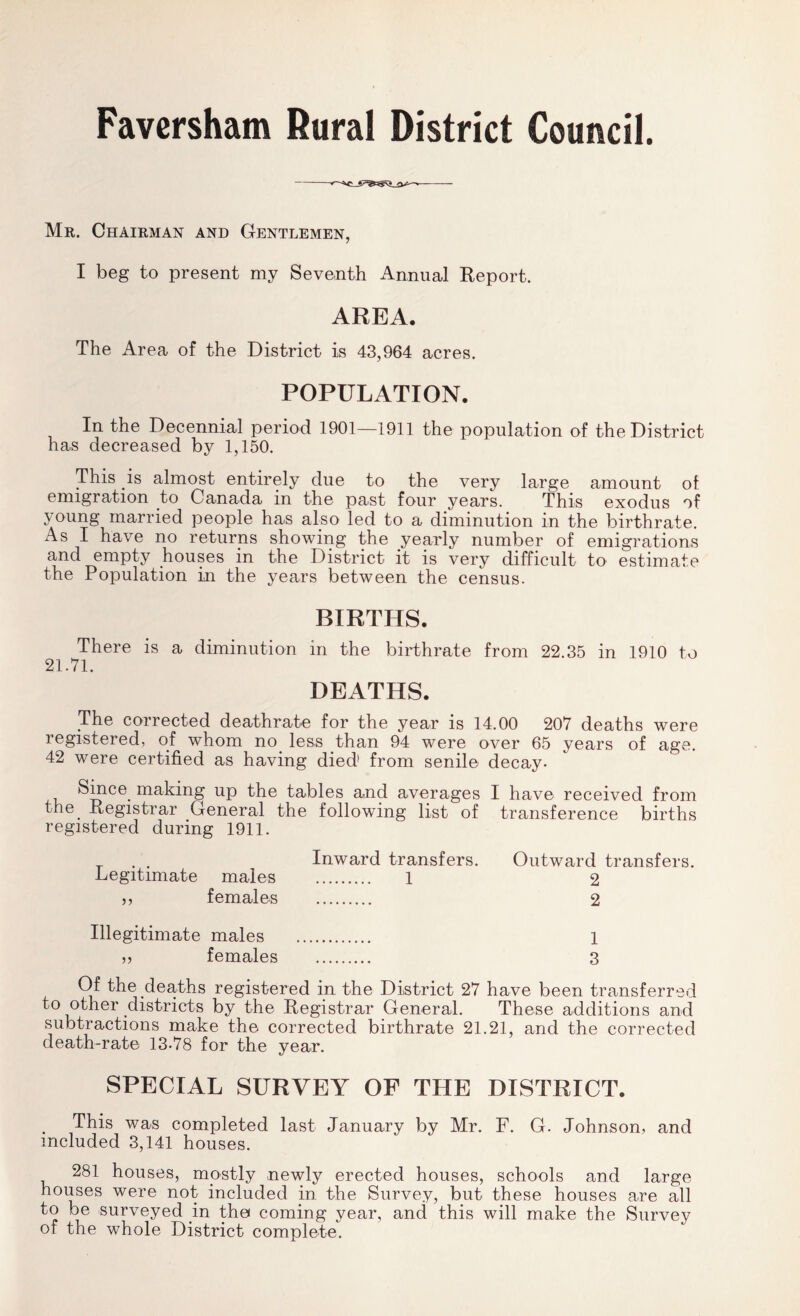 Favcrsham Rural District Council. Mr. Chairman and Gentlemen, I beg to present my Seventh Annual Report. AREA. The Area of the District is 43,964 acres. POPULATION. In the Decennial period 1901—1911 the population of the District has decreased by 1,150. This .is almost entirely due to the very large amount of emigration to Canada in the past four years. This exodus of young married people has also led to a diminution in the birthrate. As I have no returns showing the yearly number of emigrations and empty houses in the District it is very difficult to estimate the Population in the years between the census. BIRTHS. There is a diminution in the birthrate from 22.35 in 1910 to 21.71. DEATHS. Ihe corrected deathrate for the year is 14.00 207 deaths were registered, of whom no. less than 94 were over 65 years of age. 42 were certified as having died1 from senile decay. Since making up the tables and averages I have received from the Registrar General the following list of transference births registered during 1911. . . Inward transfers. Outward transfers. Legitimate males 1 2 ,, females 2 Illegitimate males 1 ,, females 3 Of the deaths registered in the District 27 have been transferred to other districts by the Registrar General. These additions and subtractions make the corrected birthrate 21.21, and the corrected death-rate 13-78 for the year. SPECIAL SURVEY OF THE DISTRICT. This was completed last January by Mr. F. G. Johnson, and included 3,141 houses. 281 houses, mostly newly erected houses, schools and large houses were not included in the Survey, but these houses are all to be surveyed in the coming year, and this will make the Survey of the whole District complete.