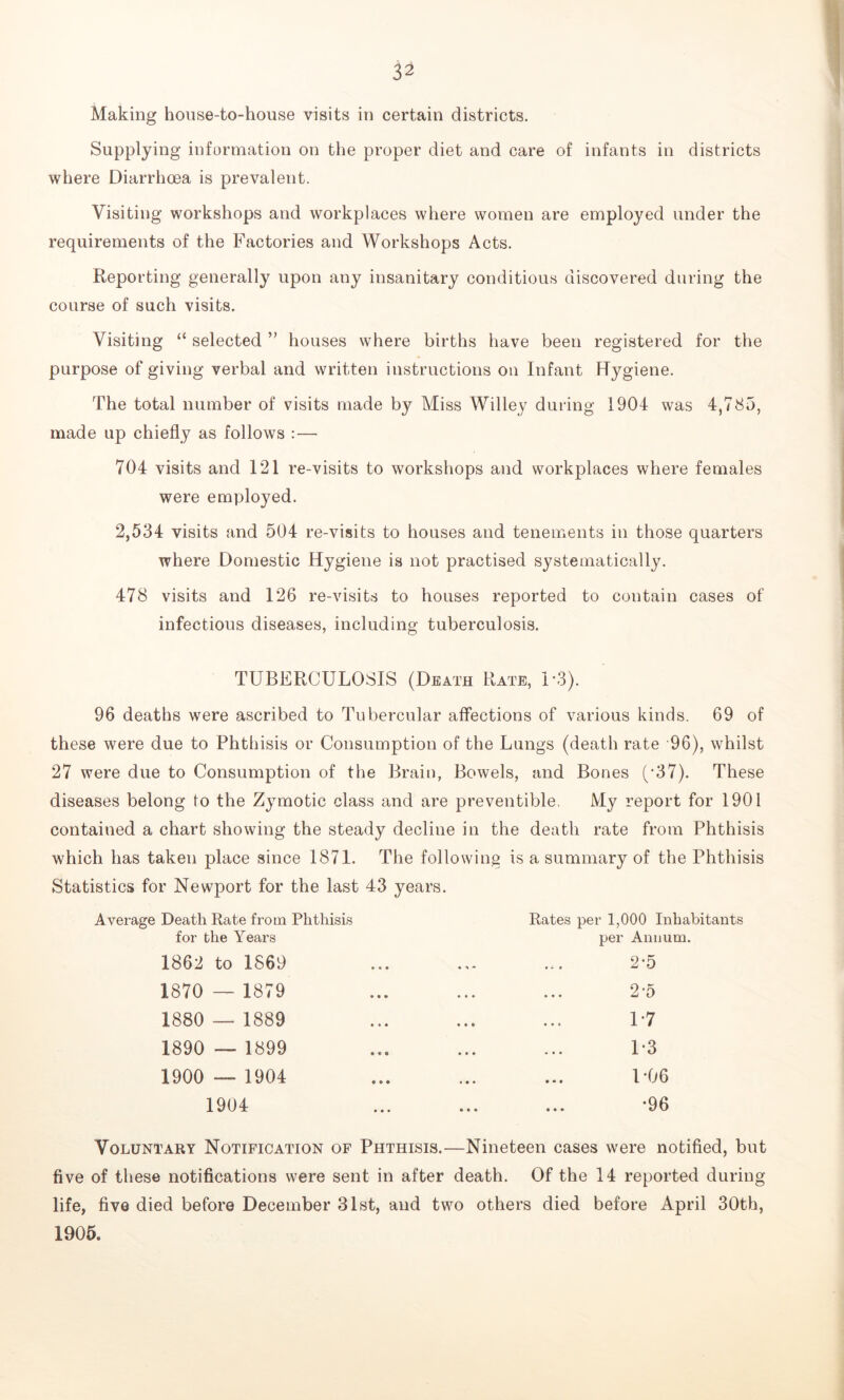 Making house-to-house visits in certain districts. Supplying information on the proper diet and care of infants in districts where Diarrhoea is prevalent. Visiting workshops and workplaces where women are employed under the requirements of the Factories and Workshops Acts. Reporting generally upon any insanitary conditions discovered during the course of such visits. Visiting “ selected ” houses where births have been registered for the purpose of giving verbal and written instructions on Infant Hygiene. The total number of visits made by Miss Willey during 1904 was 4,785, made up chiefly as follows :— 704 visits and 121 re-visits to workshops and workplaces where females were employed. 2,534 visits and 504 re-visits to houses and tenements in those quarters where Domestic Hygiene is not practised systematically. 478 visits and 126 re-visits to houses reported to contain cases of infectious diseases, including tuberculosis. TUBERCULOSIS (Death Rate, 1*3). 96 deaths were ascribed to Tubercular affections of various kinds. 69 of these were due to Phthisis or Consumption of the Lungs (death rate 96), whilst 27 were due to Consumption of the Brain, Bowels, and Bones (*37). These diseases belong to the Zymotic class and are preventible. My report for 1901 contained a chart showing the steady decline in the death rate from Phthisis which has taken place since 1871. The following is a summary of the Phthisis Statistics for Newport for the last 43 years. Average Death Rate from Phthisis for the Years 1862 to 1869 1870 — 1879 1880 — 1889 1890 — 1899 1900 — 1904 1904 Rates per 1,000 Inhabitants per Annum. 2-5 2-5 1*7 U3 1*06 ... *96 Voluntary Notification of Phthisis.—Nineteen cases were notified, but five of these notifications were sent in after death. Of the 14 reported during life, five died before December 31st, and two others died before April 30th, 1905.
