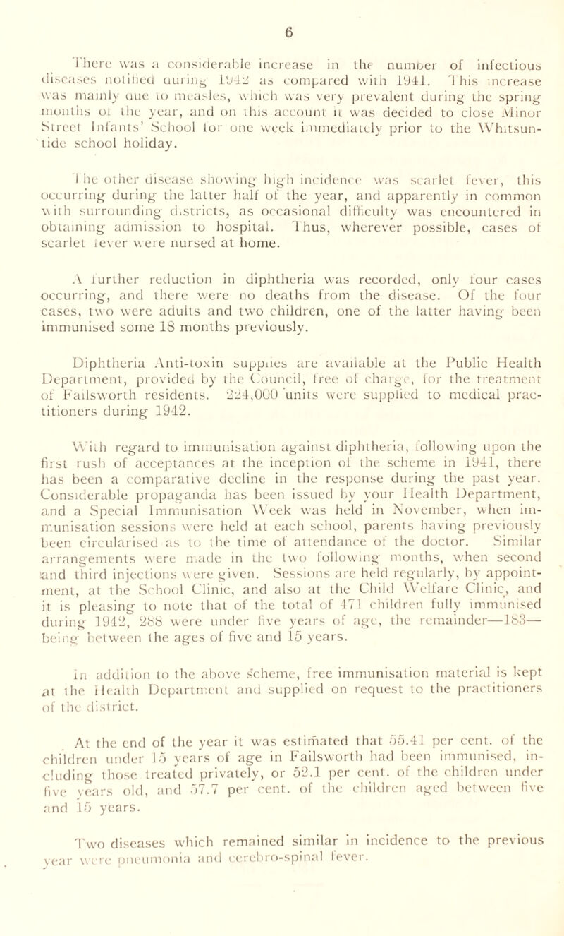 I here was a considerable increase in the number of infectious diseases notified curing 1942 as compared with 1941. This increase was mainly uue io measles, which was very prevalent during the spring months ol the year, and on this account it was decided to close Minor Street Infants’ School lor one week immediately prior to the Whitsun- tide school holiday. i he other disease showing high incidence was scarlet fever, this occurring during the latter half of the year, and apparently in common with surrounding districts, as occasional difficulty was encountered in obtaining admission to hospital. Thus, wherever possible, cases of scarlet lever w ere nursed at home. A further reduction in diphtheria was recorded, only lour cases occurring, and there were no deaths from the disease. Of the four cases, two were adults and two children, one of the latter having been immunised some 18 months previously. Diphtheria Anti-toxin supplies are available at the Public Health Department, provided by the Council, free of charge, for the treatment of Failsworth residents. 884,000 units were supplied to medical prac- titioners during 1942. With regard to immunisation against diphtheria, following upon the first rush of acceptances at the inception of the scheme in 1941, there has been a comparative decline in the response during the past year. Considerable propaganda has been issued by your Health Department, and a Special Immunisation Week was held in November, when im- munisation sessions were held at each school, parents having previously been circularised as to the time of attendance of the doctor. Similar arrangements were made in the two following months, when second land third injections were given. Sessions are held regularly, by appoint- ment, at the School Clinic, and also at the Child Welfare Clinic, and it is pleasing to note that of the total of 471 children fully immunised during 1942, 2S8 w'ere under five years of age, the remainder—183—• being between the ages of five and 15 years. in addition to the above scheme, free immunisation material is kept at the Health Department and supplied on request to the practitioners of the district. At the end of the year it was estimated that 55.41 per cent, of the children under 15 years of age in Failsworth had been immunised, in- cluding those treated privately, or 52.1 per cent, of the children under live years old, and 57.7 per cent, of the children aged between five and 15 years. Two diseases which remained similar in incidence to the previous year were pneumonia and cerebro-spinal lever.