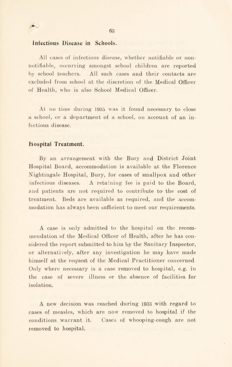 infectious Disease in Schools. Ail cases of infections disease, whether notifiable or noil- notifiable, occurring amongst school children are reported by school teachers. All such cases and their contacts are excluded from school at the discretion of the Medical Officer of Health, who is also School Medical Officer. At no time during 1935 was it found necessary to close a school, or a department of a school, on account of an in- fectious disease. hospital Treatment. By an arrangement with the Bury and District Joint Hospital Board, accommodation is available at the Florence Nightingale Hospital, Bury, for cases of smallpox and other infectious diseases. A retaining fee is paid to the Board, and patients are not required to contribute to the cost of treatment. Beds are available as required, and the accom- modation has always been sufficient to meet our requirements. A case is only admitted to the hospital on the recom- mendation of the Medical Officer of Health, after he has con- sidered the report submitted to him by the Sanitary Inspector, or alternatively, after any investigation he may have made himself at the request of the Medical Practitioner concerned Only where necessary is a case removed to hospital, e.g. in the case of severe illness or the absence of facilities for isolation. A new decision was reached during 1933 with regard to cases of measles, which are now removed to hospital if the conditions warrant it. Cases of whooping-cough are not removed to hospital.