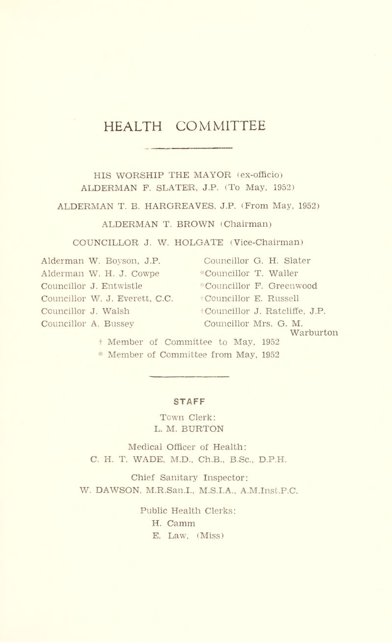 HEALTH CO M MITTEE HIS WORSHIP TPLE MAYOR (ex-officio) ALDERMAN F. SLATER, J.P. (To May, 1952) ALDERMAN T. B. HARGREAVES, J.P. (From May, 1952) ALDERMAN T. BROWN (Chairman) COUNCILLOR J. W. HOLGATE (Vice-Chairman) Alderman W. Boyson, J.P. Alderman W. H. J. Cowpe Councillor J. Entwistle Councillor W. J. Everett, C.C. Councillor J. Walsh Councillor A. Bussey Councillor G. H. Slater ■Councillor T. Waller Councillor F. Greenwood t Councillor E. Russell ^Councillor J. Ratcliffe. J.P. Councillor Mrs. G. M. Warburton t Member of Committee to May, 1952 * Member of Committee from May, 1952 STAFF Town Clerk: L. M. BURTON Medical Officer of Health: C. H. T. WADE. M.D., Ch.B., B.Sc.. D.P.H. Chief Sanitary Inspector: W. DAWSON. M.R.San.I., M.S.I.A., A.M.Inst.P.C. Public Health Clerks: H. Camm E. Law. (Miss)
