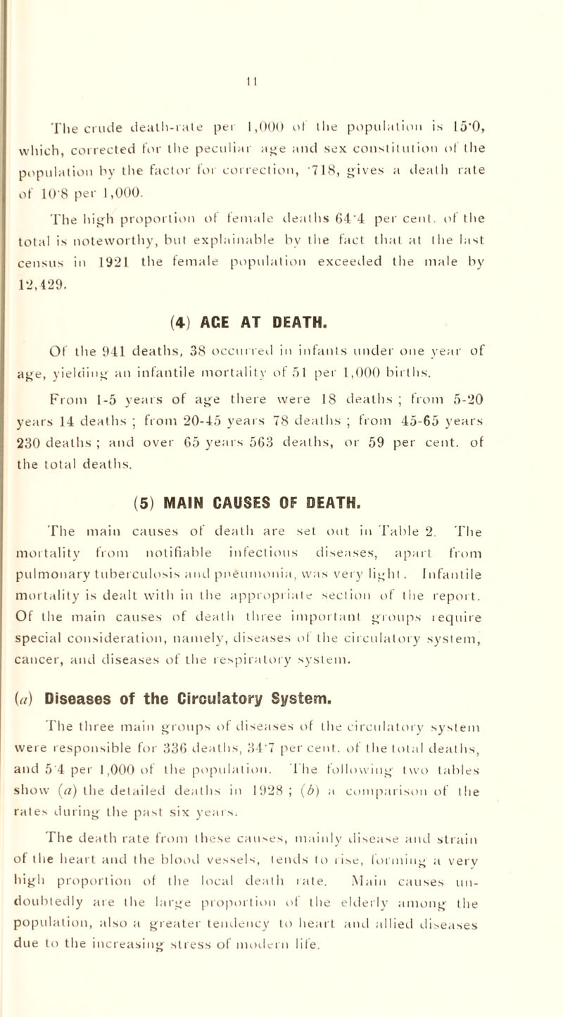 The crude death-rate per 1,000 of the population is 15*0, which, corrected for the peculiar age and sex constitution of the population hy the factor for correction, 718, gives a death rate of 10'8 per 1,000. The high proportion of female deaths 64'4 per cent, of the total is noteworthy, but explainable bv the fact that at the last census in 1921 the female population exceeded the male by 12,429. (4) ACE AT DEATH. Of the 941 deaths, 38 occurred in infants under one year of age, yielding an infantile mortality of 51 per 1,000 births. From 1-5 years of age there were 18 deaths ; from 5-20 years 14 deaths ; from 20-45 years 78 deaths ; from 45-65 years 230 deaths ; and over 65 years 563 deaths, or 59 per cent, of the total deaths. (5) MAIN CAUSES OF DEATH. The main causes of death are set out in Table 2. The mortality from notifiable infections diseases, apart from pulmonary tuberculosis and pneumonia, was very light. Infantile mortality is dealt with in the appropriate section of the report. Of the main causes of death three important groups require special consideration, namely, diseases of the circulatory system, cancer, and diseases of the respiratory system. («) Diseases of the Circulatory System. The three main groups of diseases of the circulatory system were responsible for 336 deaths, 34'7 per cent, of the total deaths, and 5 4 per 1,000 of the population. 1 he following two tables show («) the detailed deaths in 1928 ; (b) a comparison of the rates during the past six years. The death rate from these causes, mainly disease and strain of the heart and the blood vessels, tends to rise, forming a very high proportion of the local death rate. Main causes un- doubtedly are the large proportion of the elderly among the population, also a greater tendency to heart and allied diseases due to the increasing stress of modern lile.