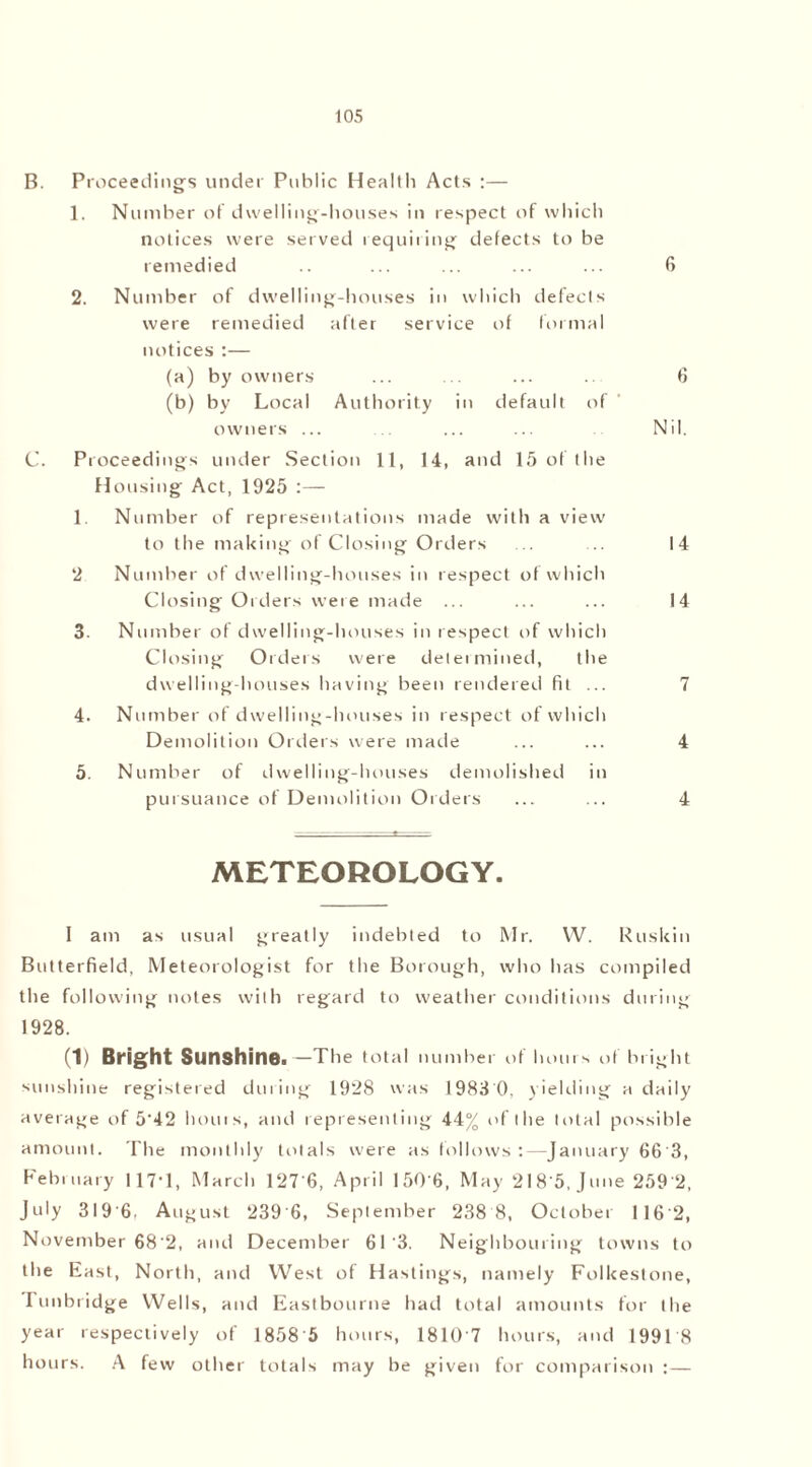 B. Proceedings under Public Health Acts :— 1. Number of dwelling-houses in respect of which notices were served requiting defects to be remedied .. ... ... ... ... 6 2. Number of dwelling-houses in which defects were remedied after service of formal notices :— (a) by owners ... ... ... ... 6 (b) by Local Authority in default of owners ... . ... ... Nil. C. Proceedings under Section 11, 14, and 15 of the Housing Act, 1925 :— 1. Number of representations made with a view to the making of Closing Orders ... ... 14 2 Number of dwelling-houses in respect of which Closing Orders were made ... ... ... 14 3. Number of dwelling-houses in respect of which Closing Orders were determined, the dwelling-houses having been rendered fit ... 7 4. Number of dwelling-houses in respect of which Demolition Orders were made ... ... 4 5. Number of dwelling-houses demolished in pursuance of Demolition Orders ... ... 4 METEOROLOGY. I am as usual greatly indebted to Mr. W. Ruskin Butterfield, Meteorologist for the Borough, who has compiled the following notes with regard to weather conditions during 1928. (1) Bright Sunshine.—The total number of hours of bright sunshine registered during 1928 was 1983 0, yielding a daily average of 5‘42 houis, and representing 44% of the total possible amount. The monthly totals were as follows:—January 66'3, February 117T, March 127 6, April 150 6, May 218 5, June 259 2, July 319'6. August 239 6, September 238 8, October 116'2, November 68'2, and December 61 ’3. Neighbouring towns to the East, North, and West of Hastings, namely Folkestone, I unbridge Wells, and Eastbourne had total amounts for the year respectively of 1858'5 hours, 18107 hours, and 1991 8 hours. A few other totals may be given for comparison :—
