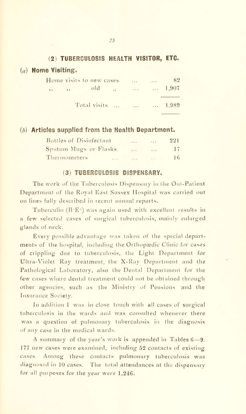 23 (2) TUBERCULOSIS HEALTH VISITOR, ETC. 0/) Home Visiting. Home visits to new cases 82 ft »> old ,, ... 1,907 Total visits ... 1,989 Articles supplied from the Health Department. Bottles of Disinfectant 221 Sputum Mugs or Flasks 17 Thermometers . . 16 (3) TUBERCULOSIS DISPENSARY. The work of the Tuberculosis Dispensary in ihe Out-Patient Department of tlie Royal East Sussex Hospital was carried out on lines fully described in recent annual reports. Tuberculin (B E-) was again used with excellent results in a few selected cases of surgical tuberculosis, mainly enlarged glands of neck. Every possible advantage was taken of the special depart- ments of the hospital, including the Orthopaedic Clinic for cases of crippling due to tuberculosis, the Light Department for Ultra-Violet Ray treatment, the X-Ray Department and the Pathological Laboratory, also the Dental Department for the few cases where dental treatment could not be obtained through other agencies, such as the Ministry of Pensions and the Insurance Society. In addition 1 was in close touch with all cases of surgical tuberculosis in the wards and was consulted whenever there was a question of pulmonary tuberculosis in the diagnosis of any case in the medical wards. A summary of the year’s work is appended in Tables 6—9. 177 new cases were examined, including 52 contacts of existing cases. Among these contacts pulmonary tuberculosis was diagnosed in 10 cases. The total attendances at the dispensary lor all purposes for the year were 1,246.