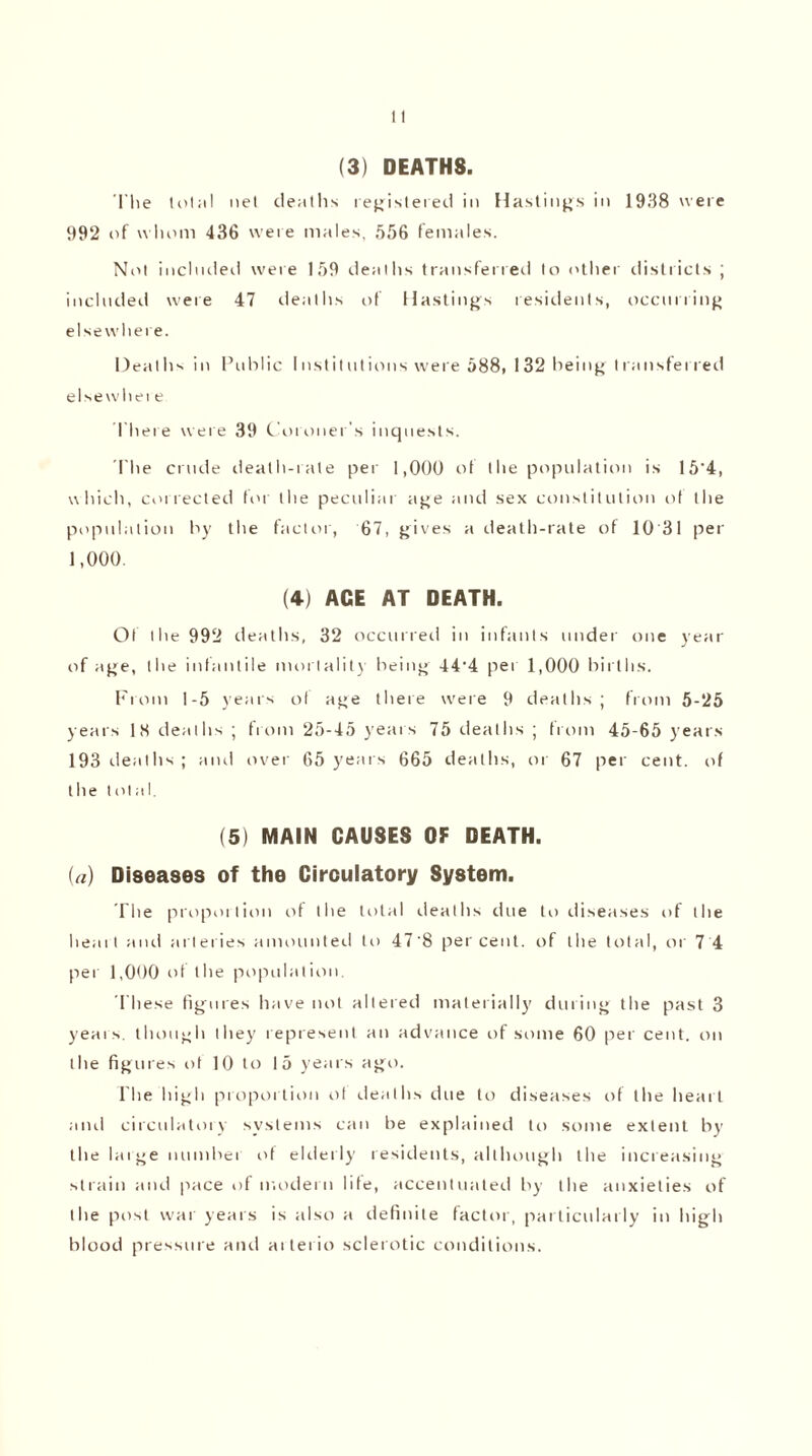 (3) DEATH8. The total net deaths registered in Hastings in 1938 were 992 of whom 436 were males, 556 females. Not included were 159 deaths transferred to other districts ; included were 47 deaths of Hastings residents, occurring elsewhere. Deaths in Public Institutions were 588, 132 being transferred elsewhere There were 39 Coroner’s inquests. The crude death-rate per 1,000 of the population is 15'4, which, collected for the peculiar age and sex constitution o( the population by the factor, 67, gives a death-rate of 10 31 per 1,000. (4) AGE AT DEATH. Of the 992 deaths, 32 occurred in infants under one year of age, the infantile mortality being 44'4 per 1,000 births. From 1-5 years of age there were 9 deaths; from 5-25 years IS deaths ; from 25-45 years 75 deaths ; from 45-65 years 193 deaths ; and over 65 years 665 deaths, or 67 per cent, of the t ol aI. (5) MAIN CAUSES OF DEATH. («) Diseases of the Circulatory System. The propoition of the total deaths due to diseases of the heat! and arteries amounted to 47’8 percent, of the total, or 7 4 per 1,000 of the population. These figures have not altered materially during the past 3 years, though they represent an advance of some 60 per cent, on the figures of 10 to 15 years ago. The high proportion of deaths due to diseases of the heart and circulatory systems can be explained to some extent by the large number of elderly residents, although the increasing strain and pace of modern life, accentuated by the anxieties of the post war years is also a definite factor, particularly in high blood pressure and arterio sclerotic conditions.