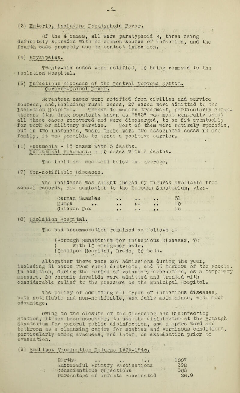 (3) Enteric} including Paratyphoid Fever. Of the 4 cases, all were paratyphoid b, three being definitely sporadic with no common source of infection, and the fourth case probably due to- contact infection. (4) Erysipelas. Twenty-six cases were notified, lo being removed to the Isolation Hospital* (5) infectious Diseases of the central Nervous system. C ereFfo-3pi 'naT~P~eve r Seventeen cases were notified from civilian and service sources, and,including rural cases, 27 cases were admitted to the isolation Hospital. Thanks to modern treatment, particularly chemo- therapy (the drug popularly known as 693 was most generally used) all these cases recovered and were discharged, to be fit eventually for work or military service. Most of them were entirely sporadic, but in two instances, where there we re two associated cases in one family, it was possible to trace a positive carrier. ; i ; '■ 1 ' « (6) pneumonia - 15 cases tjith 3 deaths. Influenzal Pneumonia - 10 cases v/ith 2 deaths. The incidence was well below the average, (7) Non-notifiable Diseases. The incidence was slight judged by figures available from school records, and admission to the Borough Sanatorium, viz*.- German Measles .. .. .. 31 Mumps .. .. . .. 10 Chicken pox .. .. .. 15 (8) isolation Hospital. • ' The bed accommodation remained as follows (Borough Sanatorium for infectious Diseases, 70 ( with 10 emergency beds. (Smallpox Hospital, Brede, 20 beds. Alto gether there were 887 admissions during the year, including 31 cases from rural districts, and 55 members of the Forces. In addition, during the period of voluntary evacuation, as a temporary measure, 20 chronic invalids were admitted and treated with considerable relief to the pressure on the Municipal Hospital. The policy of admitting all types of infectious diseases, both notifiable and non-notifiable, was. fully maintained, with much advantage. Owing to the closure of.the,Cleansing and Disinfecting Station, it has been necessary to use the disinfector at the Borough Sanatorium for general public disinfection, and a spare ward and bathroom as a cleansing centre for scabies and verminous conditions, particularly among evacuees, and later, on examination prior to evacua tion. (9) smal lpox Vaccination Returns 19J39-194<3. Births .. .. .. t 1007 Successful primary Vaccinations 292 Conscientious Objections 506 Percentage of infants vaccinated 28.9