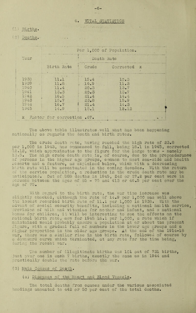 -6- 4• VITAL STATISTICS (I) Births. [ ?) Leatiis. • ... Year Per 1,000 of Population Birth Rate Death Crude Ra te Corrected 1938 11.1 ’ 15.4 10.3 1939 11.8 .. 16.9 11.3 1940 11.4 20.3 13.7 1941 13.3 . .20.3 13.7 1942 16.5 21.4 14.4 1943 15.7 23.8 15.9 1944 16.7 21.4 14.3 1945 14.9 18.1 12.12 x Factor for correction .67. ; The above table illustrates.well what has been happening nationally as regards the death and birth rates. The crude death rate, having reached the high rate of 23.8 per 1,000 in 1943, has commenced to.fall, being 18.1 in 1945, corrected 12.12, which approximates to the figure for the large towns - namely 13.5. The high crude death rate is, of course, due to the preponderance of persons in the higher age groups, common to most sea-side and health resorts and a feature-, as explained below, which with a decreasing birth rate will be accentuated in the coming decades. With the return of the service population, a reduction in the crude death rate may be anticipated. Out of.688 deaths in 1945, 242 or 27.2 per cent were in persons between the ages of 55 - 75 and 413 or 46.5 per cent over the age of 75. - ' With regard to the birth rate, the war time increase was slightly checked, although the rate of 14.9 per 1,000 was well above the lowest recorded birth rate of 11.1 per 1,000 in 1938. With the advent of social security benefits, including a national health service, provision of milk arid vitamins for mother and infant, and a national bonus for children, it will be interesting to see the effects on the national birth rate, -now for 1945. 16.1 per 1,000, a rate which if maintained would probably ensdre a population at or about the present figure, with a gradual fall of numbers in the lower age groups and a higher proportion in the older age -groups. At the end of the 1914-18 war, there was a similar rise in the birth rate, followed of course by a downward curve which terminated, at any rate for the time being, during the 'recent war. The number of illegitimate births was 101 out of 731 births, just over one in eaeh 7 births, exactly the same as in 1944 and practically double the rate before the war. (3) Main Causes of Death. (a) Diseases of the Heart and Blood Vessels. The total deaths from causes under th6 various associated headings amounted to 442 or 50 per cent of the total deaths.