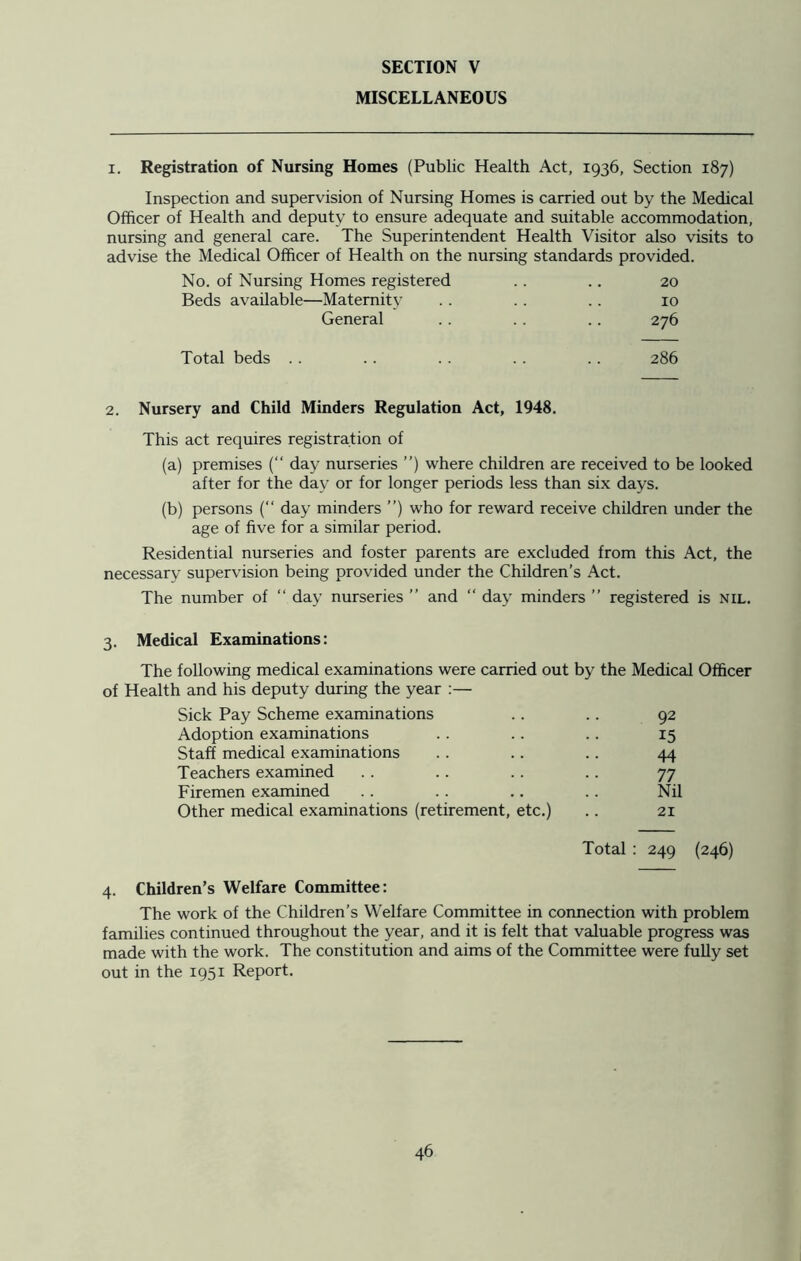 MISCELLANEOUS i. Registration of Nursing Homes (Public Health Act, 1936, Section 187) Inspection and supervision of Nursing Homes is carried out by the Medical Officer of Health and deputy to ensure adequate and suitable accommodation, nursing and general care. The Superintendent Health Visitor also visits to advise the Medical Officer of Health on the nursing standards provided. No. of Nursing Homes registered .. .. 20 Beds available—Maternity . . .. .. 10 General .. .. .. 276 Total beds .. .. .. .. .. 286 2. Nursery and Child Minders Regulation Act, 1948. This act requires registration of (a) premises (“ day nurseries ”) where children are received to be looked after for the day or for longer periods less than six days. (b) persons (“ day minders ”) who for reward receive children under the age of five for a similar period. Residential nurseries and foster parents are excluded from this Act, the necessary supervision being provided under the Children’s Act. The number of “ day nurseries ” and “ day minders ” registered is nil. 3. Medical Examinations: The following medical examinations were carried out by the Medical Officer of Health and his deputy during the year :— Sick Pay Scheme examinations .. .. 92 Adoption examinations .. .. .. 15 Staff medical examinations .. .. .. 44 Teachers examined .. .. .. .. 77 Firemen examined .. . . .. .. Nil Other medical examinations (retirement, etc.) .. 21 Total : 249 (246) 4. Children’s Welfare Committee: The work of the Children’s Welfare Committee in connection with problem families continued throughout the year, and it is felt that valuable progress was made with the work. The constitution and aims of the Committee were fully set out in the 1951 Report.