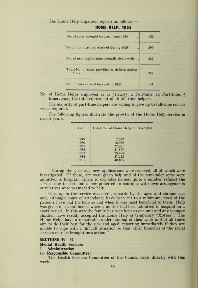 The Home Help Organiser reports as follows:— HOME HELP, 1955 No. of cases brought forward from 1954 130 No. of applications received during 1955 299 No. of new applications actually dealt with ... 222 Total No. of cases provided with help during 1955 352 No. of cases carried forward to 1956 ... 147 No. of Home Helps employed as at 31.12.55: 2 Full-time, 14 Part-time, 5 Emergency, the total equivalent of 16 full-time helpers. The majority of part-time helpers are willing to give up to full-time service when required. The following figures illustrate the growth of the Home Help service in recent years:— Year Total No. of Home Help hours worked 1949 7,622 1950 15,409 1951 27,261 1952 31,877 1953 29,764 1954 37,223 1955 40,105 “During the year 299 new applications were received, all of which were investigated. Of these, 222 were given help and of the remainder some were admitted to hospital, others to old folks homes; quite a number refused the service due to cost and a few preferred to continue with own arrangements or relatives were persuaded to help. Once again the service was used primarily by the aged and chronic sick and, although hours of attendance have been cut to a minimum, most of the patients have had the help as and when it was most beneficial to them. Help was given in several homes where a mother had been admitted to hospital for a short period. In this way the family has been kept as one unit and any younger children have readily accepted the Home Help as temporary “Mother”. The Home Helps have a remarkable understanding of their work and at all times aim to do their best for the sick and aged, reporting immediately if they are unable to cope with a difficult situation so that other branches of the social services may be brought into action.” SECTIONS 49—51 Mental Health Services: I. Administration (a) Responsible Committee: The Health Services Committee of the Council deals directly with this work.