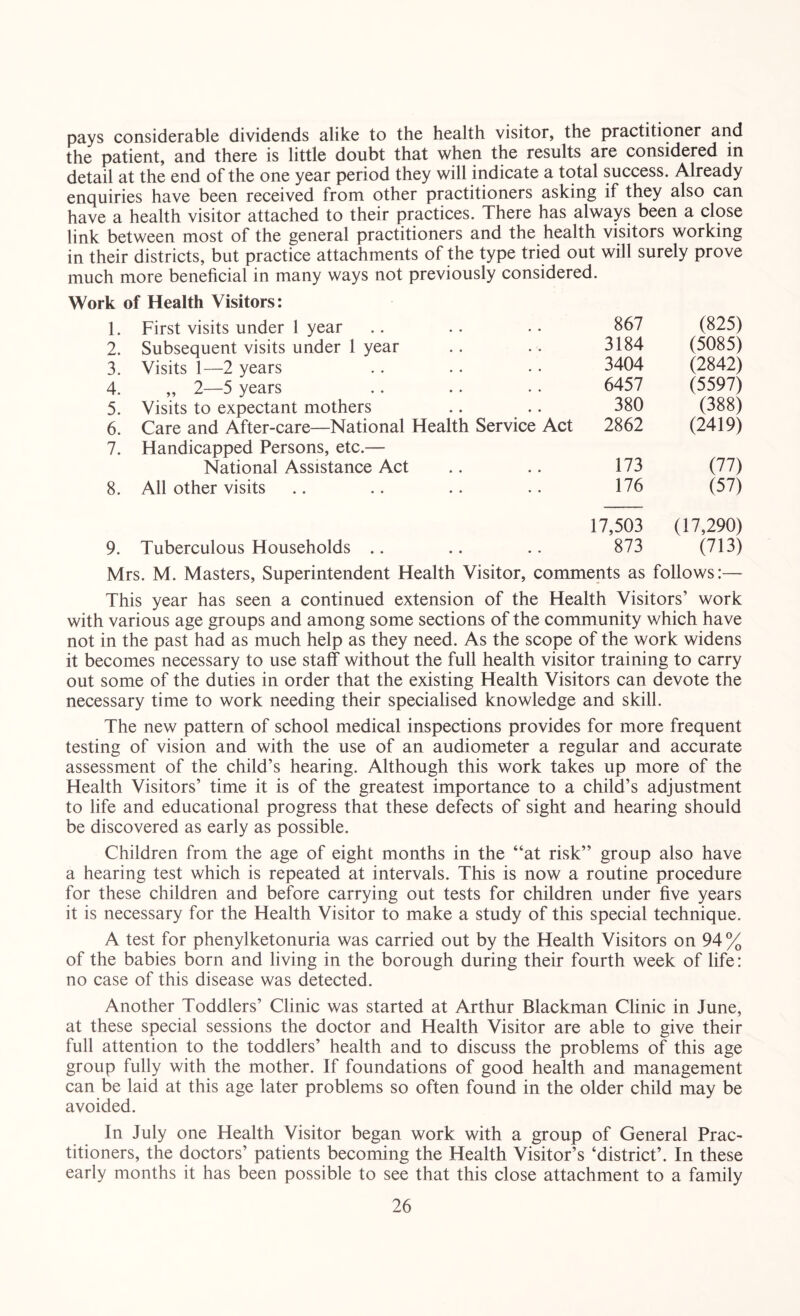 pays considerable dividends alike to the health visitor, the practitioner and the patient, and there is little doubt that when the results are considered in detail at the end of the one year period they will indicate a total success. Already enquiries have been received from other practitioners asking if they also can have a health visitor attached to their practices. There has always been a close link between most of the general practitioners and the health visitors working in their districts, but practice attachments of the type tried out will surely prove much more beneficial in many ways not previously considered. Work of Health Visitors: 1. First visits under 1 year 867 (825) 2. Subsequent visits under 1 year 3184 (5085) 3. Visits 1—2 years 3404 (2842) 4. „ 2—5 years 6457 (5597) 5. Visits to expectant mothers 380 (388) 6. Care and After-care—National Health Service Act 2862 (2419) 7. Handicapped Persons, etc.— National Assistance Act 173 (77) 8. All other visits • • 176 (57) 9. Tuberculous Households .. 17,503 873 (17,290) (713) Mrs. M. Masters, Superintendent Health Visitor, comments as follows:— This year has seen a continued extension of the Health Visitors’ work with various age groups and among some sections of the community which have not in the past had as much help as they need. As the scope of the work widens it becomes necessary to use staff without the full health visitor training to carry out some of the duties in order that the existing Health Visitors can devote the necessary time to work needing their specialised knowledge and skill. The new pattern of school medical inspections provides for more frequent testing of vision and with the use of an audiometer a regular and accurate assessment of the child’s hearing. Although this work takes up more of the Health Visitors’ time it is of the greatest importance to a child’s adjustment to life and educational progress that these defects of sight and hearing should be discovered as early as possible. Children from the age of eight months in the “at risk” group also have a hearing test which is repeated at intervals. This is now a routine procedure for these children and before carrying out tests for children under five years it is necessary for the Health Visitor to make a study of this special technique. A test for phenylketonuria was carried out by the Health Visitors on 94 % of the babies born and living in the borough during their fourth week of life: no case of this disease was detected. Another Toddlers’ Clinic was started at Arthur Blackman Clinic in June, at these special sessions the doctor and Health Visitor are able to give their full attention to the toddlers’ health and to discuss the problems of this age group fully with the mother. If foundations of good health and management can be laid at this age later problems so often found in the older child may be avoided. In July one Health Visitor began work with a group of General Prac- titioners, the doctors’ patients becoming the Health Visitor’s ‘district’. In these early months it has been possible to see that this close attachment to a family