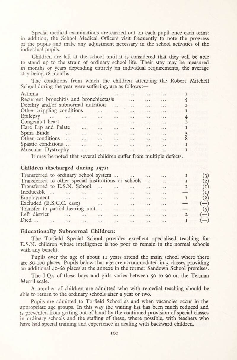 Special medical examinations are carried out on each pupil once each term: in addition, the School Medical Officers visit frequently to note the progress of the pupils and make any adjustment necessary in the school activities of the individual pupils. Children are left at the school until it is considered that they will be able to stand up to the strain of ordinary school life. Their stay may be measured in months or years depending entirely on individual requirements, the average stay being 18 months. The conditions from which the children attending the Robert Mitchell School during the year were suffering, are as follows:— Asthma ... ... ... ... ... ... ... ... i Recurrent bronchitis and bronchiectasis ... ... ... 5 Debility and/or subnormal nutrition . 2 Other crippling conditions . . 1 Epilepsy . ... ... . ... ... 4 Congenital heart . . 2 Hare Lip and Palate ... 1 Spina Bifida . ... . 3 Other conditions ... . . . 8 Spastic conditions ... ... . 1 Muscular Dystrophy ... . 1 It may be noted that several children suffer from multiple defects. Children discharged during 1971: Transferred to ordinary school system. 1 (3) Transferred to other special institutions or schools ... ... 1 (2) Transferred to E.S.N. School ... ... ... . 3 (1) Ineducable ... ... ... ... ... ... ... ... — (1) Employment ... ... . ... ... ... 1 (2) Excluded (E.S.C.C. case) ... ... ... ... ... — (—) Transfer to partial hearing unit. — (5) Left district ... ... . 2 (—) Died ... ... ... ... ... ... ... ... ... 1 (—) Educationally Subnormal Children: The Torfield Special School provides excellent specialised teaching for E.S.N. children whose intelligence is too poor to remain in the normal schools with any benefit. Pupils over the age of about 11 years attend the main school where there are 80-100 places. Pupils below that age are accommodated in 3 classes providing an additional 40-60 places at the annexe in the former Sandown School premises. The I.Q.s of these boys and girls varies between 50 to 90 on the Terman Merril scale. A number of children are admitted who with remedial teaching should be able to return to the ordinary schools after a year or two. Pupils are admitted to Torfield School as and when vacancies occur in the appropriate age groups. In this way the waiting list has been much reduced and is prevented from getting out of hand by the continued provision of special classes in ordinary schools and the staffing of these, where possible, with teachers who have had special training and experience in dealing with backward children.