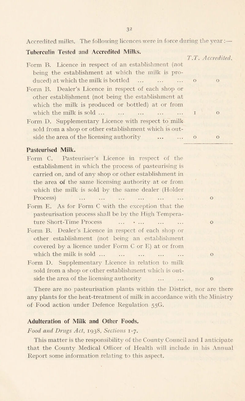 Accredited millcs. The following licences were in force during the year ;— Tuberculin Tested and Accredited Milks. T.T. Accredited. Form B. Licence in respect of an establishment (not being the establishment at which the milk is pro¬ duced) at which the milk is bottled ... ... ... o o Form B. Dealer’s Licence in respect of each shop or other establishment (not being the establishment at which the milk is produced or bottled) at or from which the milk is sold ... ... ... ... ... i o Form D. Supplementary Licence with respect to milk sold from a shop or other establishment which is out¬ side the area of the licensing authorit}^ ... ... o o Pasteurised Milk. Form C. Pasteuriser’s Licence in respect of the establishment in which the process of pasteurising is carried on, and of any shop or other establishment in the area of the same licensing authority at or from which the milk is sold by the same dealer (Holder Process) ... ... ... ... ... ... o Form E. As for Form C with the exception that the pasteurisation process shall be by the High Tempera¬ ture Short-Time Process ... ' ... ... ... o Form B. Dealer’s Licence in respect of each shop or other establishment (not being an establishment covered by a licence under Form C or F) at or from which the milk is sold ... ... ... ... ... o Form D. Supplemental^^ Licence in relation to milk sold from a shop or other establishment which is out¬ side the area of the licensing authority ... ... o There are no pasteurisation plants within the District, nor are there any plants for the heat-treatment of milk in accordance with the Ministr}^ of Food action under Defence Regulation 55G. Adulteration of Milk and Other Foods, Food and Drugs Act, 1938, Sections 1-7. This matter is the responsibility of the County Council and I anticipate that the County Medical Officer of Llealth will include in his Annual Report some information relating to this aspect.