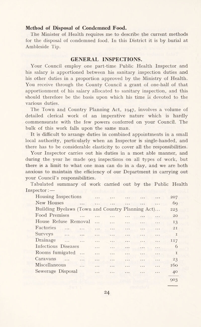 Method of Disposal of Condemned Food. The Minister of Health requires me to describe the current methods for the disposal of condemned food. In this District it is by burial at Ambleside Tip. GENERAL INSPECTIONS. Your Council employ one part-time Public Health Inspector and his salary is apportioned between his sanitary inspection duties and his other duties in a proportion approved by the Ministry of Health. You receive through the County Council a grant of one-half of that apportionment of his salary allocated to sanitary inspection, and this should therefore be the basis upon which his time is devoted to the various duties. The Town and Country Planning Act, 1947, involves a volume of detailed clerical work of an imperative nature which is hardly commensurate with the few powers conferred on your Council. The bulk of this work falls upon the same man. It is difficult to arrange duties in combined appointments in a small local authority, particularly when an Inspector is single-handed, and there has to be considerable elasticity to cover all the responsibilities. Your Inspector carries out his duties in a most able manner, and during the year he made 903 inspections on all types of work, but there is a limit to what one man can do in a day, and we are both anxious to maintain the efficiency of our Department in carrying out your Council’s responsibilities. Tabulated summary of work carried out by the Public Health Inspector: — Housing Inspections ... ... ... ... ... 207 New Houses ... ... ... ... ... ... 69 Building Byelaws (Town and Country Planning Act)... 225 Food Premises ... ... ... ... ... ... 20 House Refuse Removal ... ... ... ... ... 13 Factories ... ... ... ... ... ... ... 21 Surveys . . ... . 1 Drainage ... ... ... ... ... ... ... 117 Infectious Diseases ... ... ... ... ... 6 Rooms fumigated ... ... ... ... ... ... 1 Caravans ... ... ... ... ... ... ... 23 Miscellaneous ... ... ... ... ... ... 160 Sewerage Disposal ... ... ... ... ... 40 903