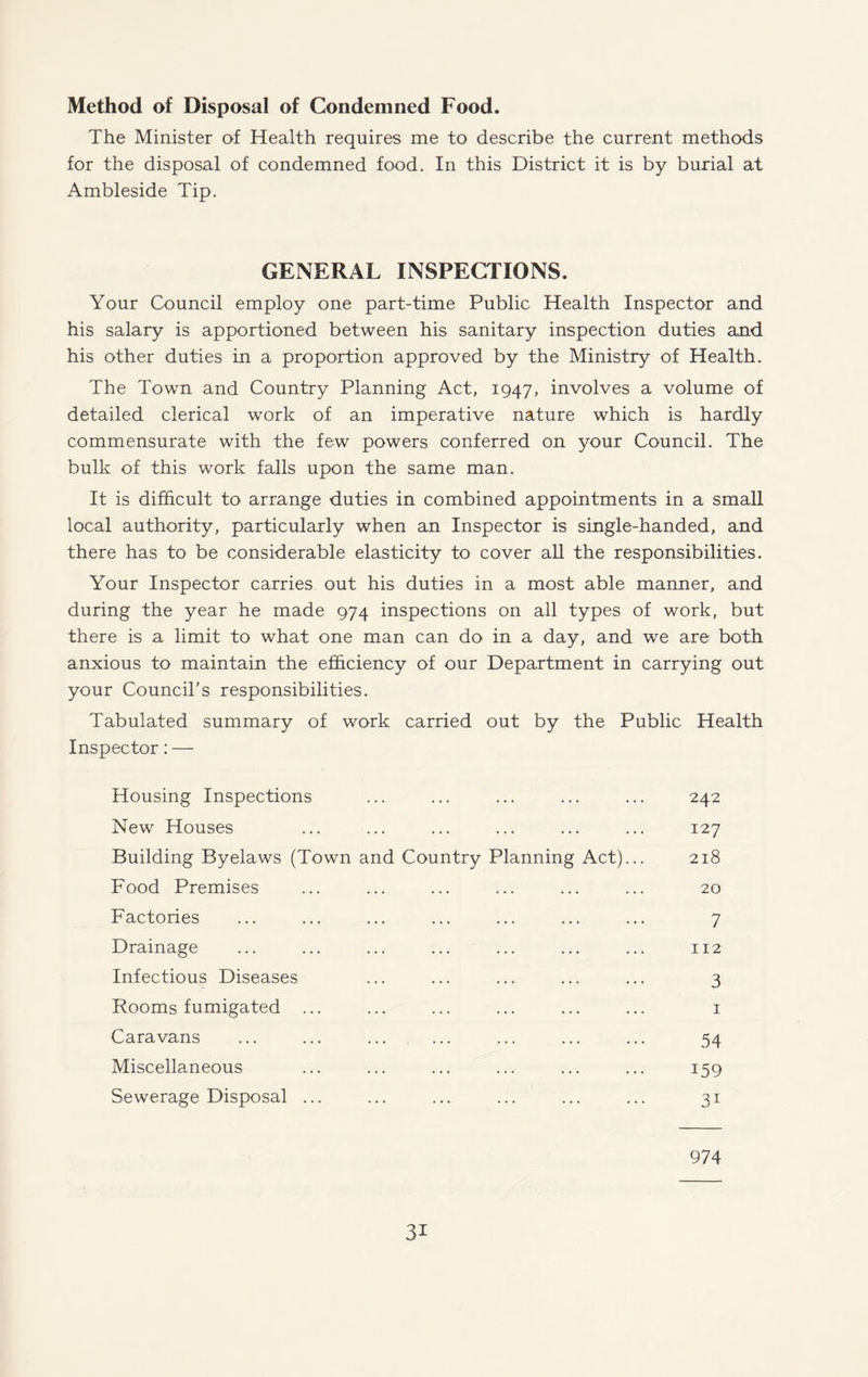 Method of Disposal of Condemned Food. The Minister of Health requires me to describe the current methods for the disposal of condemned food. In this District it is by burial at Ambleside Tip. GENERAL INSPECTIONS. Your Council employ one part-time Public Health Inspector and his salary is apportioned between his sanitary inspection duties and his other duties in a proportion approved by the Ministry of Health. The Town and Country Planning Act, 1947, involves a volume of detailed clerical work of an imperative nature which is hardly commensurate with the few powers conferred on your Council. The bulk of this work falls upon the same man. It is difficult to arrange duties in combined appointments in a small local authority, particularly when an Inspector is single-handed, and there has to be considerable elasticity to cover all the responsibilities. Your Inspector carries out his duties in a most able manner, and during the year he made 974 inspections on all types of work, but there is a limit to what one man can do in a day, and we are both anxious to maintain the efficiency of our Department in carrying out your Council's responsibilities. Tabulated summary of work carried out by the Public Health Inspector: — Housing Inspections ... ... ... ... ... 242 New Houses ... ... ... ... ... ... 127 Building Byelaws (Town and Country Planning Act)... 218 Food Premises ... ... ... ... ... ... 20 Factories ... ... ... ... ... ... ... 7 Drainage ... ... ... ... ... ... ... 112 Infectious Diseases ... ... ... ... ... 3 Rooms fumigated ... ... ... ... ... ... 1 Caravans ... ... ... ... ... ... ... 54 Miscellaneous ... ... ... ... ... ... 159 Sewerage Disposal ... ... ... ... ... ... 31 974