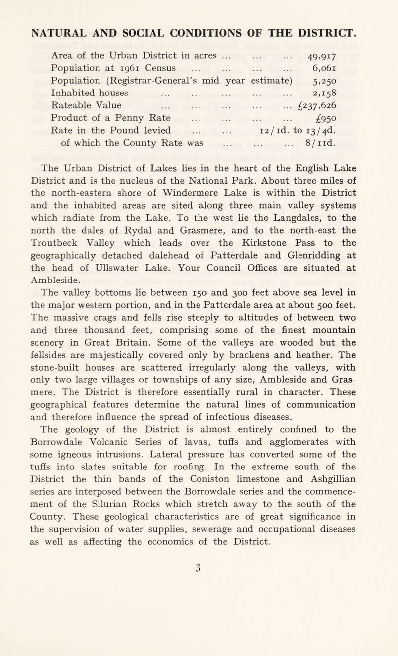 NATURAL AND SOCIAL CONDITIONS OF THE DISTRICT. Area of the Urban District in acres ... ... ... 49,917 Population at 1961 Census ... ... ... ... 6,061 Population (Registrar-General’s mid year estimate) 5*250 Inhabited houses ... ... ... ... ... 2,158 Rateable Value Product of a Penny Rate Rate in the Pound levied of which the County Rate was ... £237,626 £950 12/ id. to i3/4d. 8/nd. The Urban District of Lakes lies in the heart of the English Lake District and is the nucleus of the National Park. About three miles of the north-eastern shore of Windermere Lake is within the District and the inhabited areas are sited along three main valley systems which radiate from the Lake. To the west lie the Langdales, to the north the dales of Rydal and Grasmere, and to the north-east the Troutbeck Valley which leads over the Kirkstone Pass to the geographically detached dalehead of Patterdale and Glenridding at the head of Ullswater Lake. Your Council Offices are situated at Ambleside. The valley bottoms lie between 150 and 300 feet above sea level in the major western portion, and in the Patterdale area at about 500 feet. The massive crags and fells rise steeply to altitudes of between two and three thousand feet, comprising some of the finest mountain scenery in Great Britain. Some of the valleys are wooded but the fellsides are majestically covered only by brackens and heather. The stone-built houses are scattered irregularly along the valleys, with only two large villages or townships of any size, Ambleside and Gras¬ mere. The District is therefore essentially rural in character. These geographical features determine the natural lines of communication and therefore influence the spread of infectious diseases. The geology of the District is almost entirely confined to the Borrowdale Volcanic Series of lavas, tuffs and agglomerates with some igneous intrusions. Lateral pressure has converted some of the tuffs into slates suitable for roofing. In the extreme south of the District the thin bands of the Coniston limestone and Ashgillian series are interposed between the Borrowdale series and the commence¬ ment of the Silurian Rocks which stretch away to the south of the County. These geological characteristics are of great significance in the supervision of water supplies, sewerage and occupational diseases as well as affecting the economics of the District.