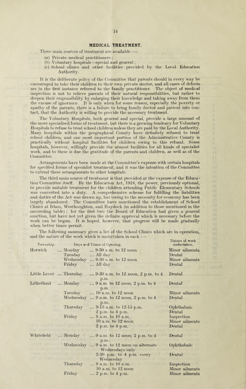 MEDICAL TREATMENT. Three main sources of treatment are available :— («) Private medieal practitioners ; (/>) V'oluntary hosjjitals—special and general ; (c) Hchool clinics and other facilities provided l)y the Local Education Authority. It is the deliberate policy of the Committee that parents should in every way he cncoui’aged to take their children to their owii private doctor, and all cases of defects are in the first instance referred to the family practitioner. Tlie object of medical inspectioir is not to relieve parents of their natural responsibilities, but rather to deepen their responsibility by enlarging their knowledge and taking away from them the excuse of ignorance. It Is only when for some reason, especially the poverty or apathy of the parents, there is a failure to bring family doctor and patient into con¬ tact, that the Authority is willing to provide the necessary treatment. The \k)luntary Hospitals, both general and special, provide a large amount of the more specialised forms of treatment, but there is a growing tendency for Voluntary Hospitals to refuse to treat .school children unless they are paid by the Local Authority. Many hospitals within the geographical County- have definitely refused to treat school children, and one most important portion of the Administrative County is practically without hospital facilities for children owing to this refusal. Some hos]htals, however, willingly provide the utmost facilities for all kinds of specialist work, and to these is due the gi-atitude of the parents and children, as well as of the Committee. AiTangements have been made at the Committee’s expense with certain hospitals for s})ecified forms of specialist treatment, and it was the intention of the Committee to extend these arrangements to other hospitals. The third main source of treatment is that provided at the expense of the Educa¬ tion Committee itself. the Education Act, 1918, the power, previously optional, to provide suitable treatment for the children attending Public Elementary Schools was converted into a duty. A comprehensive scheme for fulfilhng the liabilities and duties of the Act was drawn ujj, but owing to the necessity for economy has been largely abandoned. The Committee have sanctioned the establishment of School Chnics at Irlam, Westhoughton, and Haydock (in addition to those mentioned in the succeeding table) ; for the first two the Board of Education had given a general sanction, but have not yet given the definite approval which is necessary before the work can be begun. It is hoped, however, that progress will be made gradually when better times permit. The following summary gives a list of the School Clinics which are in operation, and the nature of the work which is undertaken in each :— Towiitiliip. Days an d Times of Opening. Nature of work undertaken. Horwich ... Monday ... 9-30 a.m. to 12 noon Minor ailments Tuesday ... All day Dental Wednesday ... 9-30 a.m. to 12 noon Minor ailments Friday ... All day Dental Little Lever ... Thursday ... 9-30 a.m. to 12 noon, 2 p.m. to 4 Dental Litherland ... Monday p.m. ... 9 a.m. to 12 noon, 2 p.m. to 4 Dental Tuesday p.m. ... 10 a.m. to 12 noon Minor ailments Wednesday ... 9 a.m. to 12 noon, 2 p.m. to 4 Dental Thursday p.m. ... 9-15 a.m. to 12-15 p.m. Ophthalmic Friday 2 p.m. to 4 p.m. ... 9 a.m. to 10 a.m. Dental Inspection Whitefield ... Monday 10 a.m. to 12 noon 2 p.m. to 4 p.m. ... 9 a.m. to 12 noon, 2 p.m. to 4 Minor ailments Dental Dtmtal \Ve(.l]iesday p.m. ... 9 a.m. to 12 noon oji alternate Ophthalmic Thursday Wednesda3's only 2-30 p.m. to 4 p.m. everv \\'ednesday ... 9 a.m. to 10 a.m. Ik-ntal Insijection Friday 10 a.m. to 12 noon ... 2 p.m. to 4 p.m. Elinor ailments Minor ailments