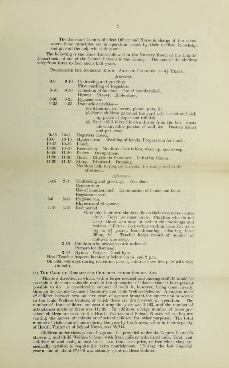 The Assistant County Medical Officer and Nurse in charge of the school where these principles are in operation assist by their medical knowledge and give all the help which they can. The following is the Time Table followed in the Nursery Room of the Infants’ Department of one of the Council Schools in the County. The ages of the children vary from three to four and a half years. Programme for Nursery Room—Ages of Children 3 4£ Years. Morning. 9-0 9-10 Undressing and greetings. First marking of Registers. 9-10 9-30 Collection of lunches. Use of handkerchief. Hymns. Prayer. Bible story. 9-30 9-35 Hygiene run. 9-35 9-55 Domestic activities—- (a) Attention to flowers, plants, pots, &c. (b) Some children go round the yard with basket and pick up pieces of paper and rubbish. (c) Each child takes his own duster from the box dusks his chair, table, portion of wall, &c. Dusters folded and put away. Registers closed. Hygiene run. Washing of hands. Preparation for lunch. Lunch. Recreation. Monitors clear tables, wash up, and sweep. Poetry. Occupations. Music. Rhythmic Exercises. Imitation Games. Story. Dismissal. Dressing. Monitors help to prepare the room for rest period in the afternoon. A fternoon. Undressing and greetings. Free chat. Registration. Use of handkerchief. Examination of hands and faces. Registers closed. Hygiene run. Rhymes and Sing-song. Rest period. ' Girls take their own blankets, lie on their own mats outer circle. Boys use inner circle. Children who do not sleep—those who stay in bed in the mornings and restless children do pastime work in Class III. room (4| to 5|- years), bead-threading, colouring, inset filling, &c. Teacher keeps record of number of children who sleep. 3-15 Children who are asleep are wakened. Prepare for dismissal. 3-30 Hymn. Prayer. Good-byes. Head Teacher inspects lavatories before 9 a.m. and 2 p.m. On cold, wet days during recreation period, children have free play with tovs (in hall). 9-55 10-0 10-0 10-15 10-15 10-30 10-30 10-50 10-50 11-20 11-20 11-30 11-30 11-45 1-45 2-0 2-0 2-15 2-15 3-15 (c) The Care of Debilitated Children under School Age. This is a direction in which, with a larger medical and nursing staff, it would be possible to do more valuable work in the prevention of disease than it is at present possible to do. A considerable amount of work is, however, being done already through the County Council’s Maternity and Child Welfare Scheme. A large number of children between two and five years of age are brought for supervision or advice to the Child Welfare Centres, of which there are thirty-seven in operation. The number of these children so seen during the year was 2,463, and the number of attendances made by them was 11,738. In addition, a large number of these pre¬ school children are seen by the Health Visitors and School Nurses when they are visiting the homes of infants or of school children for other purposes. The total number of visits paidto homes during the year by the Nurses, either in their capacity of Health Visitor or of School Nurse, was 68,714. Children under three years of age can be provided under the County Council’s Maternity and Child Welfare Scheme with fresh milk or with dried milk, Virol, and cod-liver oil and malt, at cost price, less than cost price, or free when they are medically certified to require the extra nourishment. 1 During the last financial year a sum of about £7,QUO was actually spent on these children.