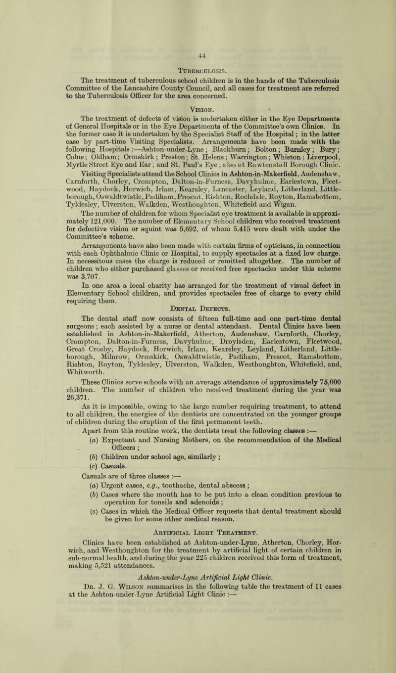 Tuberculosis. The treatment of tuberculous school children is in the hands of the Tuberculosis Committee of the Lancashire County Council, and all cases for treatment are referred to the Tuberculosis Officer for the area concerned. Vision. The treatment of defects of vision is undertaken either in the Eye Departments of General Hospitals or in the Eye Departments of the Committee’s own Clinics. In the former case it is undertaken by the Specialist Staff of the Hospital; in the latter case by part-time Visiting Specialists. Arrangements have been made with the following Hospitals :—Ashton-under-Lyne ; Blackburn ; Bolton ; Burnley ; Bury ; Colne; Oldham; Ormskirk ; Preston; St. Helens; Warrington; Whiston ; Liverpool, Myrtle Street Eye and Ear; and St. Paul’s Eye ; also at Rawtenstall Borough Clinic. Visiting Specialists attend the School Clinics in Ashton-in-Makerfield, Audenshaw, Carnforth, Chorley, Crompton, Dalton-in-Furness, Davyhulme, Earlestow'n, Fleet- wood, Haydock, Horwich, Irlam, Kearsley, Lancaster, Leyland, Litherland, Little- borough, Oswaldtwistle,Padiham, Prescot, Rishton, Rochdale, Royton, Ramsbottom, Tyldesley, Ulverston, Walkden, Westhoughton, Whitefield and Wigan. The number of children for whom Specialist eye treatment is available is approxi¬ mately 121,000. The number of Elementary School children who received treatment for defective vision or squint was 5,692, of whom 5,415 were dealt with under the Committee’s scheme. Arrangements have also been made with certain firms of opticians, in connection with each Ophthalmic Clinic or Hospital, to supply spectacles at a fixed low charge. In necessitous cases the charge is reduced or remitted altogether. The number of children who either purchased glasses or received free spectacles under this scheme was 3,707. In one area a local charity has arranged for the treatment of visual defect in Elementary School children, and provides spectacles free of charge to every child requiring them. Dental Defects. The dental stafE now consists of fifteen full-time and one part-time dental surgeons; each assisted by a nurse or dental attendant. Dental Clinics have been established in Ashton-in-Makerfield, Atherton, Audenshaw, Carnforth, Chorley, Crompton, Dalton-in-Furness, Davyhulme, Droylsden, Earlestown, Fleetwood, Great Crosby, Haydock, Horwich, Irlam, Kearsley, Leyland, Litherland, Little- borough, Milnrow, Ormskirk, Oswaldtwistle, Padiham, Prescot, Ramsbottom, Rishton, Royton, Tyldesley, Ulverston, Walkden, Westhoughton, Whitefield, and, Whitworth. These Clinics serve schools with an average attendance of approximately 75,000 children. The number of children who received treatment during the year was 26,371. As it is impossible, owing to the large number requiring treatment, to attend to all children, the energies of the dentists are concentrated on the younger groups of children during the eruption of the first permanent teeth. Apart from this routine work, the dentists treat the following classes :— (a) Expectant and Nursing Mothers, on the recommendation of the Medical Officers ; (b) Children under school age, similarly ; (c) Casuals. Casuals are of three classes :— (a) Urgent cases, e.g., toothache, dental abscess ; (b) Cases where the mouth has to be put into a clean condition previous to operation for tonsils and adenoids ; (c) Cases in which the Medical Officer requests that dental treatment should be given for some other medical reason. Artificial Light Treatment. Clinics have been established at Ashton-under-Lyne, Atherton, Chorley, Hor¬ wich, and Westhoughton for the treatment by artificial light of certain children in sub-normal health, and during the year 225 children received this form of treatment, making 5,521 attendances. Ashton-under-Lyne Artificial Light Clinic. Dr. J. G. Wilson summarises in the following table the treatment of 11 cases at the Ashton-under-Lyne Artificial Light Clinic :—