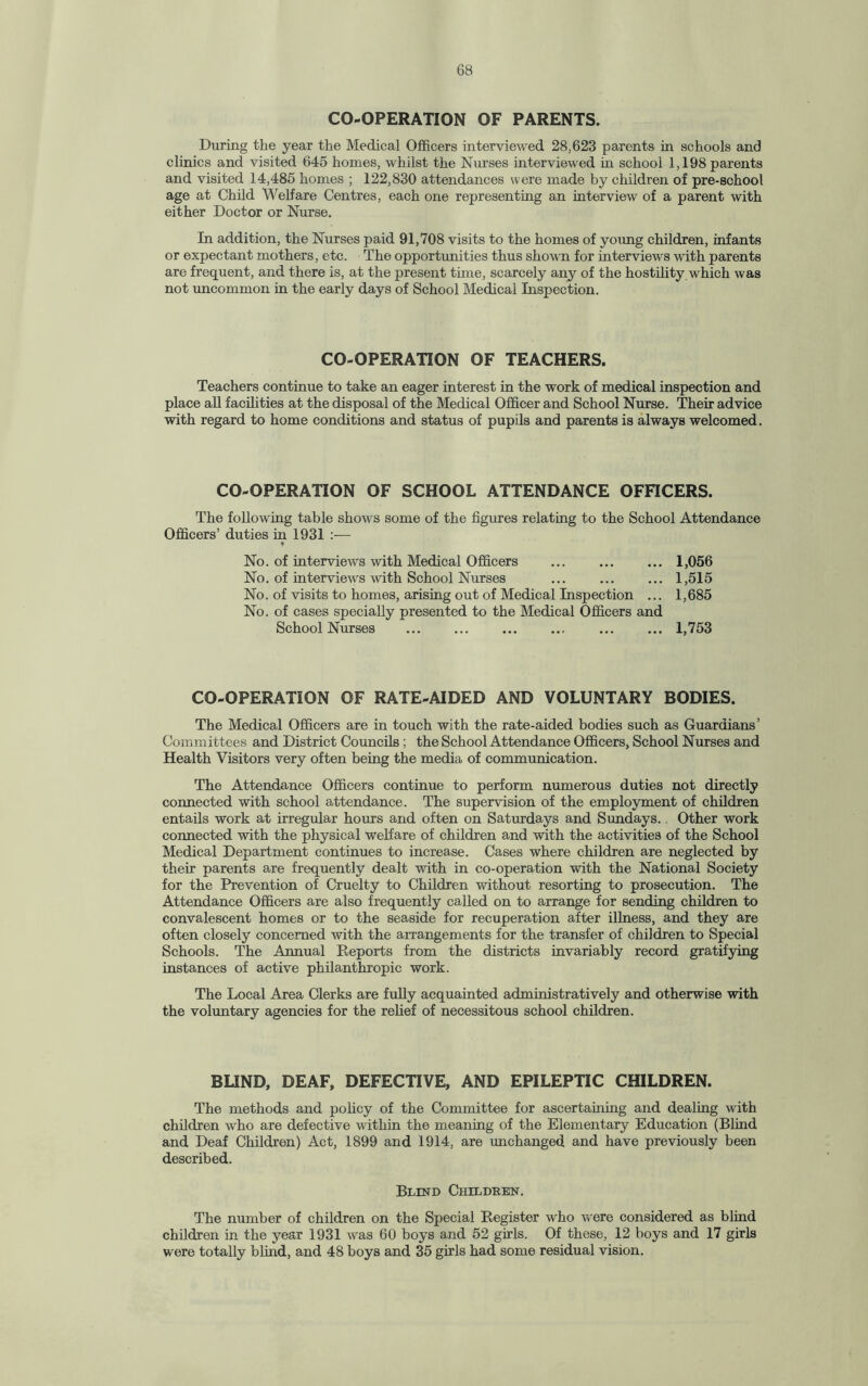 CO-OPERATION OF PARENTS. During the year the Medical Officers interviewed 28,623 parents in schools and clinics and visited 645 homes, whilst the Nurses interviewed in school 1,198 parents and visited 14,485 homes ; 122,830 attendances were made by children of pre-school age at Child Welfare Centres, each one representing an interview of a parent with either Doctor or Nurse. In addition, the Nurses paid 91,708 visits to the homes of young children, infants or expectant mothers, etc. The opportunities thus shown for interviews with parents are frequent, and there is, at the present time, scarcely any of the hostility which was not uncommon in the early days of School Medical Inspection. CO-OPERATION OF TEACHERS. Teachers continue to take an eager interest in the work of medical inspection and place all facilities at the disposal of the Medical Officer and School Nurse. Their advice with regard to home conditions and status of pupils and parents is always welcomed. CO-OPERATION OF SCHOOL ATTENDANCE OFFICERS. The following table shows some of the figures relating to the School Attendance Officers’ duties in 1931 :— No. of interviews with Medical Officers .1,056 No. of interviews with School Nurses ... .1,515 No. of visits to homes, arising out of Medical Inspection ... 1,685 No. of cases specially presented to the Medical Officers and School Nurses . .1,753 CO-OPERATION OF RATE-AIDED AND VOLUNTARY BODIES. The Medical Officers are in touch with the rate-aided bodies such as Guardians’ Committees and District Councils; the School Attendance Officers, School Nurses and Health Visitors very often being the media of communication. The Attendance Officers continue to perform numerous duties not directly connected with school attendance. The supervision of the employment of children entails work at irregular hours and often on Saturdays and Sundays. Other work connected with the physical welfare of children and with the activities of the School Medical Department continues to increase. Cases where children are neglected by their parents are frequently dealt with in co-operation with the National Society for the Prevention of Cruelty to Children without resorting to prosecution. The Attendance Officers are also frequently called on to arrange for sending children to convalescent homes or to the seaside for recuperation after illness, and they are often closely concerned with the arrangements for the transfer of children to Special Schools. The Annual Reports from the districts invariably record gratifying instances of active philanthropic work. The Local Area Clerks are fully acquainted administratively and otherwise with the voluntary agencies for the relief of necessitous school children. BUND, DEAF, DEFECTIVE, AND EPILEPTIC CHILDREN. The methods and policy of the Committee for ascertaining and dealing with children who are defective within the meaning of the Elementary Education (Blind and Deaf Children) Act, 1899 and 1914, are unchanged and have previously been described. Blind Children. The number of children on the Special Register who were considered as blind children in the year 1931 was 60 boys and 52 girls. Of these, 12 boys and 17 girls were totally blind, and 48 boys and 35 girls had some residual vision.