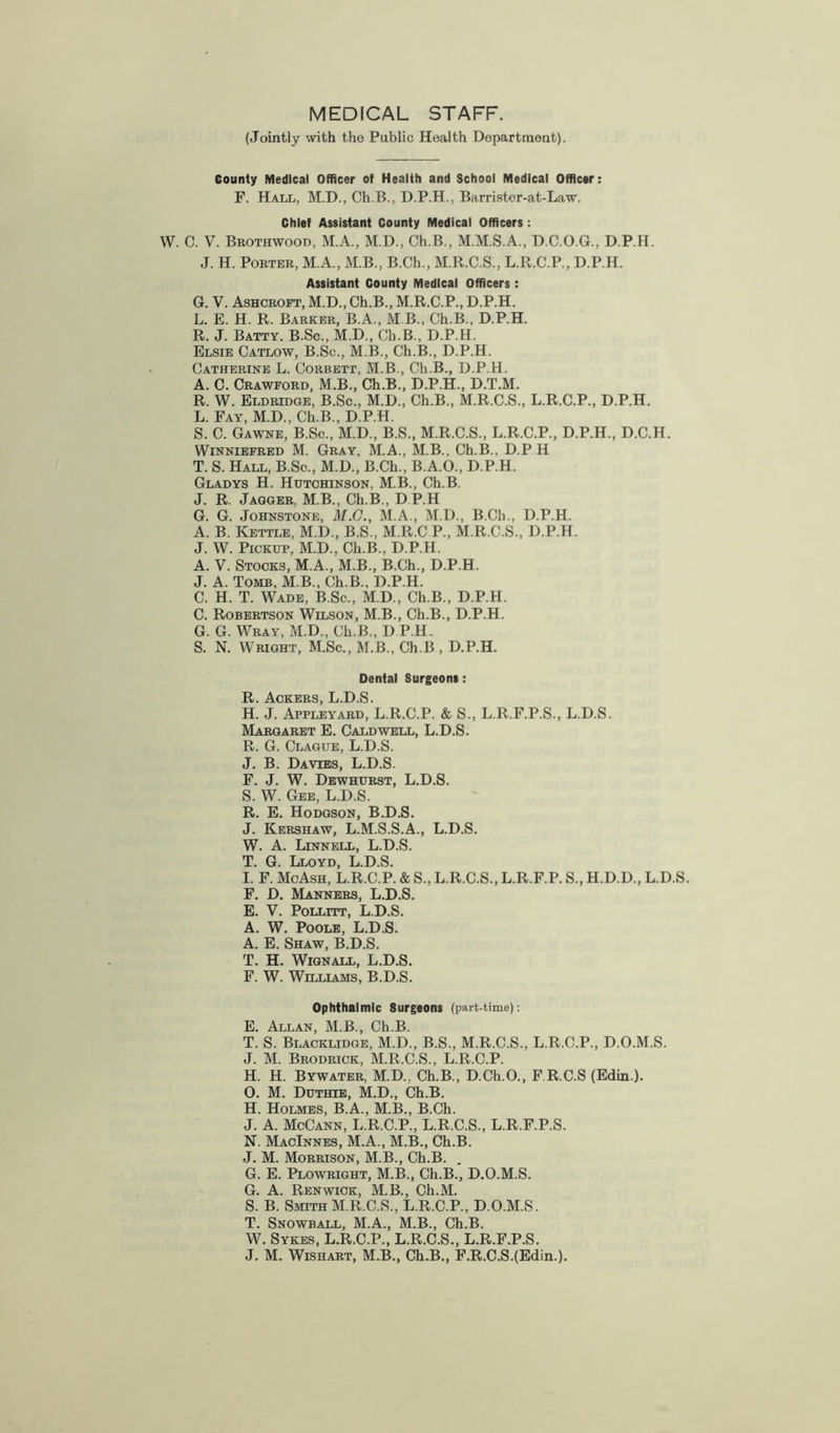 MEDICAL STAFF. (Jointly with tho Public Health Department). County Medical Officer of Health and School Medical Officer: F. Hall, M.D., Ch.B., D.P.H., Barrister-at-Law. Chief Assistant County Medical Officers : W. C. V. Brothwood, M.A., M.D., Ch.B., M.M.S.A., D.C.O.G., D.P.H. J. H. Porter, M.A., M.B., B.Ch., M.R.C.S., L.R.C.P., D.P.H. Assistant County Medical Officers: G. V. Ashcroft, M.D., Ch.B., M.R.C.P., D.P.H. L. E. H. R. Barker, B.A., M B., Ch.B., D.P.H. R. J. Batty. B.Sc., M.D., Ch.B., D.P.H. Elsie Catlow, B.Sc., M.B., Ch.B., D.P.H. Catherine L. Corbett, M.B., Ch.B., D.P.H. A. C. Crawford, M.B., Ch.B., D.P.H., D.T.M. R. W. Eldridge, B.Sc., M.D., Ch.B., M.R.C.S., L.R.C.P., D.P.H. L. Fay, M.D., Ch.B., D.P.H. S. C. Gawne, B.Sc., M.D., B.S., M.R.C.S., L.R.C.P., D.P.H., D.C.H. Winniefred M. Gray, M.A., M.B., Ch.B., D.P H T. S. Hall, B.Sc., M.D., B.Ch., B.A.O., D.P.H. Gladys H. Hutchinson, M.B., Ch.B. J. R. Jagger. M.B., Ch.B., D.P.H G. G. Johnstone, M.G., M.A., M.D., B.Ch., D.P.H. A. B. Kettle, M.D., B.S., M.R.C P, M.R.C.S., D.P.H. J. W. Pickup, M.D., Ch.B., D.P.H. A. V. Stocks, M.A., M.B., B.Ch., D.P.H. J. A. Tomb, M.B., Ch.B., D.P.H. C. H. T. Wade, B.Sc., M.D., Ch.B., D.P.H. C. Robertson Wilson, M.B., Ch.B., D.P.H. G. G. Wray, M.D., Ch.B., D P.H. S. N. Wright, M.Sc., M.B., Ch.B , D.P.H. Dental Surgeons: R. Ackers, L.D.S. H. J. Appleyard, L.R.C.P. & S., L.R.F.P.S., L.D.S. Margaret E. Caldwell, L.D.S. R. G. Clague, L.D.S. J. B. Davies, L.D.S. F. J. W. Dewhurst, L.D.S. S. W. Gee, L.D.S. R. E. Hodgson, B.D.S. J. Kershaw, L.M.S.S.A., L.D.S. W. A. Lennell, L.D.S. T. G. Lloyd, L.D.S. I. F. Me Ash, L.R.C.P. & S., L.R.C.S., L.R.F.P. S., H.D.D., L.D.S. F. D. Manners, L.D.S. E. V. Pollitt, L.D.S. A. W. Poole, L.D.S. A. E. Shaw, B.D.S. T. H. WlGNALL, L.D.S. F. W. Williams, B.D.S. Ophthalmic Surgeons (part-time): E. Allan, M.B., Ch.B. T. S. Blacklidge, M.D., B.S., M.R.C.S., L.R.C.P., D.O.M.S. J. M. Brodrick, M.R.C.S., L.R.C.P. H. H. Bywater, M.D., Ch.B., D.Ch.O., F.R.C.S (Edin.). O. M. Duthie, M.D., Ch.B. H. Holmes, B.A., M.B., B.Ch. J. A. McCann, L.R.C.P., L.R.C.S., L.R.F.P.S. N. MacInnes, M.A., M.B., Ch.B. J. M. Morrison, M.B., Ch.B. . G. E. Plowright, M.B., Ch.B., D.O.M.S. G. A. Renwick, M.B., Ch.M. S. B. Smith M.R.C.S., L.R.C.P., D.O.M.S. T. Snowball, M.A., M.B., Ch.B. W. Sykes, L.R.C.P., L.R.C.S., L.R.F.P.S. J. M. Wishart, M.B., Ch.B., F.R.C.S.(Edin.).