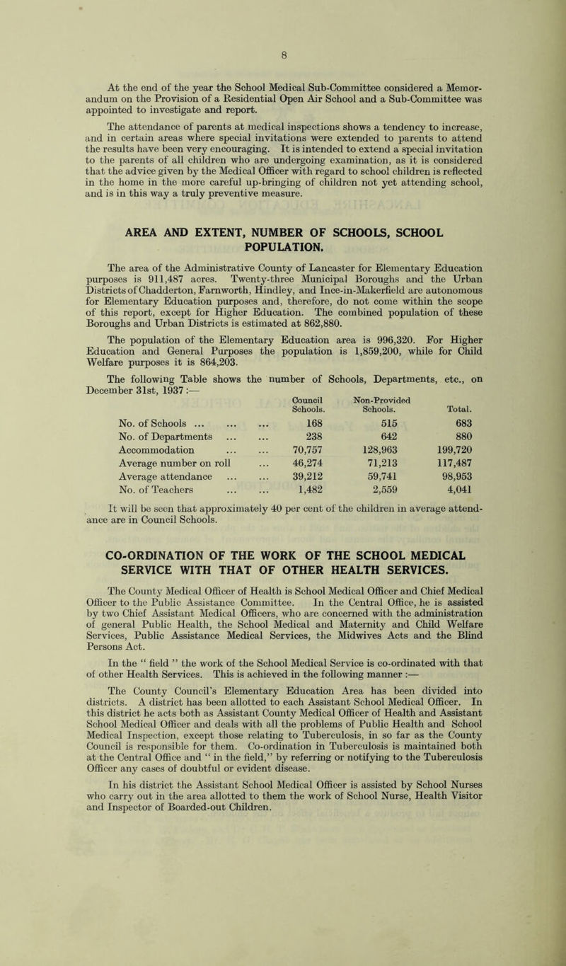 At the end of the year the School Medical Sub-Committee considered a Memor¬ andum on the Provision of a Residential Open Air School and a Sub-Committee was appointed to investigate and report. The attendance of parents at medical inspections shows a tendency to increase, and in certain areas where special invitations were extended to parents to attend the results have been very encouraging. It is intended to extend a special invitation to the parents of all children who are undergoing examination, as it is considered that the advice given by the Medical Officer with regard to school children is reflected in the home in the more careful up-bringing of children not yet attending school, and is in this way a truly preventive measure. AREA AND EXTENT, NUMBER OF SCHOOLS, SCHOOL POPULATION. The area of the Administrative County of Lancaster for Elementary Education purposes is 911,487 acres. Twenty-three Municipal Boroughs and the Urban Districts of Chadderton, Famworth, Hindley, and Ince-in-Makerfield are autonomous for Elementary Education purposes and, therefore, do not come within the scope of this report, except for Higher Education. The combined population of these Boroughs and Urban Districts is estimated at 862,880. The population of the Elementary Education area is 996,320. For Higher Education and General Purposes the population is 1,859,200, while for Child Welfare purposes it is 864,203. The following Table shows the number of Schools, Departments, etc., on December 31st, 1937 :— No. of Schools. Council Schools. 168 Non-Provided Schools. 515 Total. 683 No. of Departments 238 642 880 Accommodation 70,757 128,963 199,720 Average number on roll 46,274 71,213 117,487 Average attendance 39,212 59,741 98,953 No. of Teachers 1,482 2,559 4,041 It will be seen that approximately 40 per cent of the children in average attend' ance are in Council Schools. CO-ORDINATION OF THE WORK OF THE SCHOOL MEDICAL SERVICE WITH THAT OF OTHER HEALTH SERVICES. The County Medical Officer of Health is School Medical Officer and Chief Medical Officer to the Public Assistance Committee. In the Central Office, he is assisted by two Chief Assistant Medical Officers, who are concerned with the administration of general Public Health, the School Medical and Maternity and Child Welfare Services, Public Assistance Medical Services, the Midwives Acts and the Blind Persons Act. In the “ field ” the work of the School Medical Service is co-ordinated with that of other Health Services. This is achieved in the following manner :— The County Council’s Elementary Education Area has been divided into districts. A district has been allotted to each Assistant School Medical Officer. In this district he acts both as Assistant County Medical Officer of Health and Assistant School Medical Officer and deals with all the problems of Public Health and School Medical Inspection, except those relating to Tuberculosis, in so far as the County Council is responsible for them. Co-ordination in Tuberculosis is maintained both at the Central Office and “ in the field,” by referring or notifying to the Tuberculosis Officer any cases of doubtful or evident disease. In his district the Assistant School Medical Officer is assisted by School Nurses who carry out in the area allotted to them the work of School Nurse, Health Visitor and Inspector of Boarded-out Children.