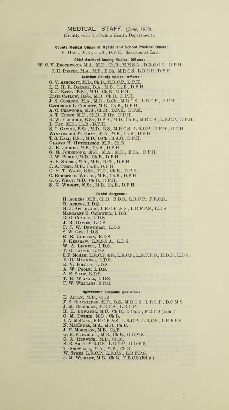 MEDICAL STAFF. [June, 1939). (Jointly with the Public Health Department). County Medical Officer of Health and School Medical Officer: F. Hall, M.D., Ch.B., D.P.H., Barrister-at-Law. Chief Assistant County Medical Officers : W. C. V. Brothwood, M.A., M.D., Ch.B., M.M.S.A., D.R.C.O.G., D.P.H. J. H. Porter, M.A., M.B., B.Ch., M.R.C.S., L.R.C.P., D.P.H. Assistant County Medical Officers : G. V. Ashcroft, M.D., Ch.B., M.R.C.P., D.P.H. L. E. H. R. Barker, B.A., M B., Ch.B., D.P.H. R. J. Batty. B.Sc., M.D., Ch.B., D.P.H. Elsie Catlow, B.Sc., M.B., Ch.B., D.P.H. J. S. Cookson, M.A., M.D., B.Ch., M.R.C.S., L.R.C.P., D.P.H. Catherine L. Corbett, M.B., Ch.B., D.P.H. A. C. Crawford, M.B., Ch.B., D.P.H., D.T.M. A. T. Elder, M.D., Ch.B., B.Hy., D.P.H. R. W. Eldridge, B.Sc., D.P.A., M.D., Ch.B., M.R.C.S., L.R.C.P., D.P.H. L. Fay, M.D., Ch.B., D.P.H. S. C. Gawne, B.Sc., M.D., B.S., M.R.C.S., L.R.C.-P., D.P.H., D.C.H. Winniefred M. Gray, M.A., M.B., Ch.B., D.P.H T. S. Hall, B.Sc., M.D., B.Ch., B.A.O., D.P.H. Gladys H. Hutchinson, M.B., Ch.B. J. R. Jagger, M.B., Ch.B., D.P.H G. G. Johnstone, M.G., M.A., M.D., B.Ch., D.P.H. J. W. Pickup, M.D., Ch.B., D.P.H. A. V. Stocks, M.A., M.B., B.Ch., D.P.H. J. A. Tomb, M.B„ Ch.B., D.P.H. C. H. T. Wade, B.Sc., M.D., Ch.B., D.P.H. C. Robertson Wilson, M.B., Ch.B., D.P.H. G. G. Wray, M.D., Ch.B., D P.H. S. N. Wright, M.Sc., M.B., Ch.B., D.P.H. Dental Surgeons: H. Ackers, M.B., Ch.B., B.D.S., L.R.C.P., F.R.C.S., R. Ackers, L.D.S. H. J. Appleyard, L.R.C.P. & S., L.R.F.P.S., L.D.S. Margaret E. Caldwell, L.D.S. R. G. Clague, L.D.S. J. B. Davies, L.D.S. F. J. W. Dewhurst, L.D.S. S. W. Gee, L.D.S. R. E. Hodgson, B.D.S. J. Kershaw, L.M.S.S.A., L.D.S. W. A. Linnell, L.D.S. T. G. Lloyd, L.D.S. I. F. McAsh, L.R.C.P. & S., L.R.C.S., L.R.F.P. S., H.D.D., L.D.S. F. D. Manners, L.D.S E. V. Pollitt, L.D.S. A. W. Poole, L.D.S. A. E. Shaw, B.D.S. T. H. Wignall, L.D.S. F. W. Williams, B.D.S. Ophthalmic Surgeons (part-time): E. Allan, M.B., Ch.B. T. S. Blacklidge, M.D., B.S., M.R.C.S., L.R.C.P., D.O.M.S. J. M. Brodrick, M.R.C.S., L.R.C.P. H. H. Bywater, M.D., Ch.B., D.Ch.O., F.R.C.S (Edin). 0. M. Duthle, M.D., Ch.B. J. A. McCann, F.R.C.P.&S., L.R.C.P., L.R.C.S., L.R.F.P.S. N. MacInnes, M.A., M.B., Ch.B. J. M. Morrison, M.B., Ch.B. G. E. Plowright, M.B., Ch.B., D.O.M.S. G. A. Renwiok, M.B., Ch.M. S. B. Smith M.R.C.S., L.R.C.P., D.O.M.S. T. Snowball, M.A., M.B., Ch.B. W. Sykes, L.R.C.P., L.R.C.S., L.R.F.P.S. J. M. Wishart, M.B., Ch.B., F.R.C.S.(Edin.).