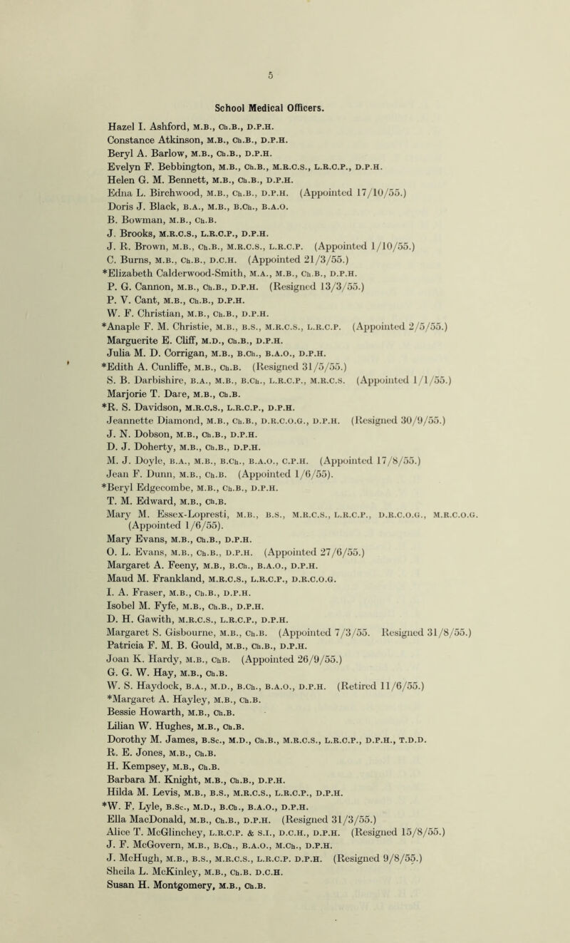 School Medical Officers. Hazel I. Ashford, m.b., Ch.B., d.p.h. Constance Atkinson, m.b., Ch.B., d.p.h. Beryl A. Barlow, m.b., Ch.B., d.p.h. Evelyn F. Bebbington, m.b., Ch.B., m.r.o.s., l.r.c.p., d.p.h. Helen G. M. Bennett, m.b., Ch.B., d.p.h. Edna L. Birchwood, m.b., Ch.B., d.p.h. (Appointed 17/10/55.) Doris J. Black, b.a., m.b., B.Ch., b.a.o. B. Bowman, m.b., Ch.B. J. Brooks, m.r.o.s., l.r.c.p., d.p.h. J. R. Brown, m.b., Ch.B., m.r.c.s., l.r.c.p. (Appointed 1/10/55.) C. Burns, m.b., Ch.B., d.c.h. (Appointed 21/3/55.) *Elizabeth Calderwood-Smith, m.a., m.b., Ch.B., d.p.h. P. G. Cannon, m.b., Ch.B., d.p.h. (Resigned 13/3/55.) P. V. Cant, M.B., Ch.B., D.P.H. W. F. Christian, m.b., Ch.B., d.p.h. *Anaple F. M. Christie, m.b., b.s., m.r.c.s., l.r.c.p. (Appointed 2/5/55.) Marguerite E. Cliff, m.d., Ch.B., d.p.h. Julia M. D. Corrigan, m.b., B.Ch., b.a.o., d.p.h. *Edith A. Cunliffe, m.b., Ch.B. (Resigned 31/5/55.) S. B. Darbishire, b.a., m.b., B.Ch., l.r.c.p., m.r.c.s. (Appointed 1/1/55.) Marjorie T. Dare, m.b., Ch.B. *R. S. Davidson, m.r.o.s., l.r.c.p., d.p.h. Jeannette Diamond, m.b., Ch.B., d.r.c.o.g., d.p.h. (Resigned 30/9/55.) J. N. Dobson, m.b., Ch.B., d.p.h. D. J. Doherty, m.b., Ch.B., d.p.h. M. J. Doyle, b.a., m.b., B.Ch., b.a.o., c.p.h. (Appointed 17/8/55.) Jean F. Dunn, m.b., Ch.B. (Appointed 1/6/55). *Beryl Edgecombe, m.b., Ch.B., d.p.h. T. M. Edward, m.b., Ch.B. Mary M. Essex-Lopresti, m.b., b.s., m.r.c.s., l.r.c.p., d.r.c.o.g., m.r.c.o.g. (Appointed 1/6/55). Mary Evans, m.b., Ch.B., d.p.h. O. L. Evans, m.b., Ch.B., d.p.h. (Appointed 27/6/55.) Margaret A. Feeny, m.b., B.Ch., b.a.o., d.p.h. Maud M. Frankland, m.r.c.s., l.r.c.p., d.r.c.o.g. I. A. Fraser, m.b., Ch.B., d.p.h. Isobel M. Fyfe, m.b., Ch.B., d.p.h. D. H. Gawith, m.r.c.s., l.r.c.p., d.p.h. Margaret S. Gisbourne, m.b., Ch.B. (Appointed 7/3/55. Resigned 31/8/55.) Patricia F. M. B. Gould, m.b., Ch.B., d.p.h. Joan K. Hardy, m.b., ChB. (Appointed 26/9/55.) G. G. W. Hay, m.b., Ch.B. W. S. Haydock, b.a., m.d., B.Ch., b.a.o., d.p.h. (Retired 11/6/55.) *Margaret A. Hayley, m.b., Ch.B. Bessie Howarth, m.b., Ch.B. Lilian W. Hughes, m.b., Ch.B. Dorothy M. James, b.sc., m.d., Ch.B., m.r.c.s., l.r.c.p., d.p.h., t.d.d. R. E. Jones, m.b., Ch.B. H. Kempsey, m.b., Ch.B. Barbara M. Knight, m.b., Ch.B., d.p.h. Hilda M. Levis, m.b., b.s., m.r.c.s., l.r.c.p., d.p.h. *W. F. Lyle, b.Sc., m.d., B.Ch., b.a.o., d.p.h. Ella MacDonald, m.b., Ch.B., d.p.h. (Resigned 31/3/55.) Alice T. McGlinchey, l.r.c.p. & s.i., d.c.h., d.p.h. (Resigned 15/8/55.) J. F. McGovern, m.b., B.Ch., b.a.o., M.Ch., d.p.h. J. McHugh, m.b., B.s., m.r.c.s., l.r.c.p. d.p.h. (Resigned 9/8/55.) Sheila L. McKinley, m.b., Ch.B. d.c.h. Susan H. Montgomery, m.b., Ch.B.