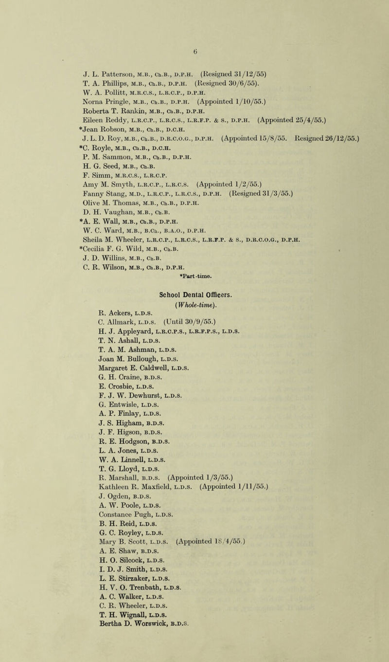 J. L. Patterson, m.b., Ch.B., d.p.h. (Resigned 31/12/55) T. A. Phillips, m.b., Ch.B., d.p.h. (Resigned 30/6/55). W. A. Pollitt, M.R.C.S., L.R.C.P., D.P.H. Norna Pringle, m.b., Ch.B., d.p.h. (Appointed 1/10/55.) Roberta T. Rankin, m.b., Ch.B., d.p.h. Eileen Reddy, l.r.c.p., l.r.c.s., l.r.f.p. & s., d.p.h. (Appointed 25/4/55.) *Jean Robson, m.b., Ch.B., d.c.h. J. L. D. Roy, m.b., Ch.B., d.r.c.o.g., d.p.h. (Appointed 15/8/55. Resigned 26/12/55.) *C. Royle, m.b., Ch.B., d.c.h. P. M. Sammon, m.b., Ch.B., d.p.h. H. G. Seed, m.b., Ch.B. F. Simm, m.r.c.s., l.r.c.p. Amy M. Smyth, l.r.c.p., l.r.c.s. (Appointed 1/2/55.) Fanny Stang, m.d., l.r.c.p., l.r.c.s., d.p.h. (Resigned 31/3/55.) Olive M. Thomas, m.b., Ch.B., d.p.h. D. H. Vaughan, m.b., Ch.B. *A. E. Wall, m.b., Ch.B., d.p.h. W. C. Ward, m.b., B.Ch., b.a.o., d.p.h. Sheila M. Wheeler, l.r.c.p., l.r.c.s., l.r.f.p. & s., d.r.c.o.g., d.p.h. *Cecilia F. G. Wild, m.b., Ch.B. J. D. Willins, m.b., Ch.B. C. R. Wilson, m.b., Ch.B., d.p.h. ♦Part -time. School Dental Officers. (Whole-time). R. Ackers, l.d.s. C. Allmark, l.d.s. (Until 30/9/55.) H. J. Appleyard, l.r.c.p.s., l.r.f.p.s., l.d.s. T. N. Ashall, l.d.s. T. A. M. Ashman, l.d.s. Joan M. Bullough, l.d.s. Margaret E. Caldwell, l.d.s. G. H. Craine, b.d.s. E. Crosbie, l.d.s. F. J. W. Dewhurst, l.d.s. G. Entwisle, l.d.s. A. P. Finlay, l.d.s. J. S. Higham, b.d.s. J. F. Higson, b.d.s. R. E. Hodgson, b.d.s. L. A. Jones, l.d.s. W. A. Linnell, l.d.s. T. G. Lloyd, l.d.s. R. Marshall, b.d.s. (Appointed 1/3/55.) Kathleen R. Maxfield, l.d.s. (Appointed 1/11/55.) J. Ogden, b.d.s. A. W. Poole, l.d.s. Constance Pugh, l.d.s. B. H. Reid, l.d.s. G. C. Royley, l.d.s. Mary B. Scott, l.d.s. (Appointed 18/4/55.) A. E. Shaw, b.d.s. H. 0. Silcock, l.d.s. I. D. J. Smith, l.d.s. L. E. Stirzaker, l.d.s. H. V. 0. Trenbath, l.d.s. A. C. Walker, l.d.s. C. R. Wheeler, l.d.s. T. H. Wignall, l.d.s. Bertha D. Worswick, b.d.s.