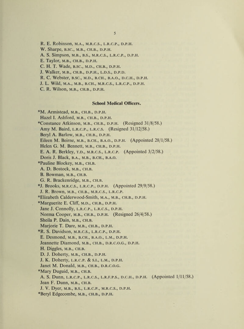 R. E. Robinson, m.a., m.r.c.s., l.r.c.p., d.p.h. W. Sharpe, b.sc., m.b., ch.b., d.p.h. A. S. Simpson, m.b., b.s., m.r.c.s., l.r.c.p., d.p.h. E. Taylor, m.b., ch.b., d.p.h. C. H. T. Wade, b.sc., m.d., ch.b., d.p.h. J. Walker, m.b., ch.b., d.p.h., l.d.s., d.p.d. R. C. Webster, b.sc., m.d., b.ch., b.a.o., d.c.h., d.p.h. J. L. Wild, M.A., M.B., B.CH., M.R.C.S., L.R.C.P., D.P.H. C. R. Wilson, m.b., ch.b., d.p.h. School Medical Officers. *M. Armistead, m.b., ch.b., d.p.h. Hazel I. Ashford, m.b., ch.b., d.p.h. *Constance Atkinson, m.b., ch.b., d.p.h. (Resigned 31/8/58.) Amy M. Baird, l.r.c.p., l.r.c.s. (Resigned 31/12/58.) Beryl A. Barlow, m.b., ch.b., d.p.h. Eileen M. Beirne, m.b., b.ch., b.a.o., d.p.h. (Appointed 28/1/58.) Helen G. M. Bennett, m.b., ch.b., d.p.h. E. A. R. Berkley, t.d., m.r.c.s., l.r.c.p. (Appointed 3/2/58.) Doris J. Black, b.a., m.b., b.ch., b.a.o. *Pauline Blockey, m.b., ch.b. A. D. Bostock, M.B., CH.B. B. Bowman, m.b., ch.b. G. R. Brackenridge, m.b., ch.b. *J. Brooks, m.r.c.s., l.r.c.p., d.p.h. (Appointed 29/9/58.) J. R. Brown, m.b., ch.b., m.r.c.s., l.r.c.p. *Elizabeth Calderwood-Smith, m.a., m.b., ch.b., d.p.h. ^Marguerite E. Cliff, m.d., ch.b., d.p.h. Jane J. Connolly, l.r.c.p., l.r.c.s., d.p.h. Norma Cooper, m.b., ch.b., d.p.h. (Resigned 26/4/58.) Sheila P. Dain, m.b., ch.b. Marjorie T. Dare, m.b., ch.b., d.p.h. *R. S. Davidson, m.r.c.s., l.r.c.p., d.p.h. E. Desmond, m.b., b.ch., b.a.o., l.m., d.p.h. Jeannette Diamond, m.b., ch.b., d.r.c.o.g., d.p.h. H. Diggles, m.b., ch.b. D. J. Doherty, m.b., ch.b., d.p.h. J. K. Doherty, l.r.c.p. & s.L, l.m., d.p.h. Janet M. Donald, m.b., ch.b., d.r.c.o.g. *Mary Duguid, m.b., ch.b. A. S. Dunn, l.r.c.p., l.r.c.s., l.r.f.p.s., d.c.h., d.p.h. (Appointed 1/11/58.) Jean F. Dunn, m.b., ch.b. J. V. Dyer, m.b., b.s., l.r.c.p., m.r.c.s., d.p.h. *Beryl Edgecombe, m.b., ch.b., d.p.h.