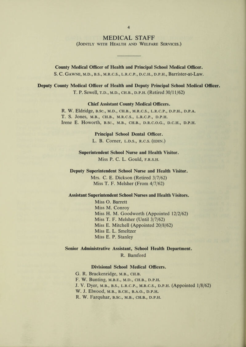 MEDICAL STAFF (Jointly with Health and Welfare Services.) County Medical Officer of Health and Principal School Medical Officer. S. C. Gawne, m.d., b.s., m.r.c.s., l.r.c.p., d.c.h., d.p.h., Barrister-at-Law. Deputy County Medical Officer of Health and Deputy Principal School Medical Officer. T. P. Sewell, t.d., m.d., ch.b., d.p.h. (Retired 30/11/62) Chief Assistant County Medical Officers. R. W. Eldridge, b.sc., m.d., ch.b., m.r.c.s., l.r.c.p., d.p.h., d.p.a. T. S. Jones, m.b., ch.b., m.r.c.s., l.r.c.p., d.p.h. Irene E. Howorth, b.sc., m.b., ch.b., d.r.c.o.g., d.c.h., d.p.h. Principal School Dental Officer. L. B. Corner, l.d.s., r.c.s. (edin.) Superintendent School Nurse and Health Visitor. Miss P. C. L. Gould, f.r.s.h. Deputy Superintendent School Nurse and Health Visitor. Mrs. C. E. Dickson (Retired 3/7/62) Miss T. F. Melsher (From 4/7/62) Assistant Superintendent School Nurses and Health Visitors. Miss O. Barrett Miss M. Conroy Miss H. M. Goodworth (Appointed 12/2/62) Miss T. F. Melsher (Until 3/7/62) Miss E. Mitchell (Appointed 20/8/62) Miss E. L. Smeltzer Miss E. P. Stanley Senior Administrative Assistant, School Health Department. R. Bamford Divisional School Medical Officers. G. R. Brackenridge, m.b., ch.b. F. W. Bunting, m.b.e., m.d., ch.b., d.p.h. J. V. Dyer, m.b., b.s., l.r.c.p., m.r.c.s., d.p.h. (Appointed 1/8/62) W. J. Elwood, M.B., B.CH., B.A.O., D.P.H. R. W. Farquhar, b.sc., m.b., ch.b., d.p.h.