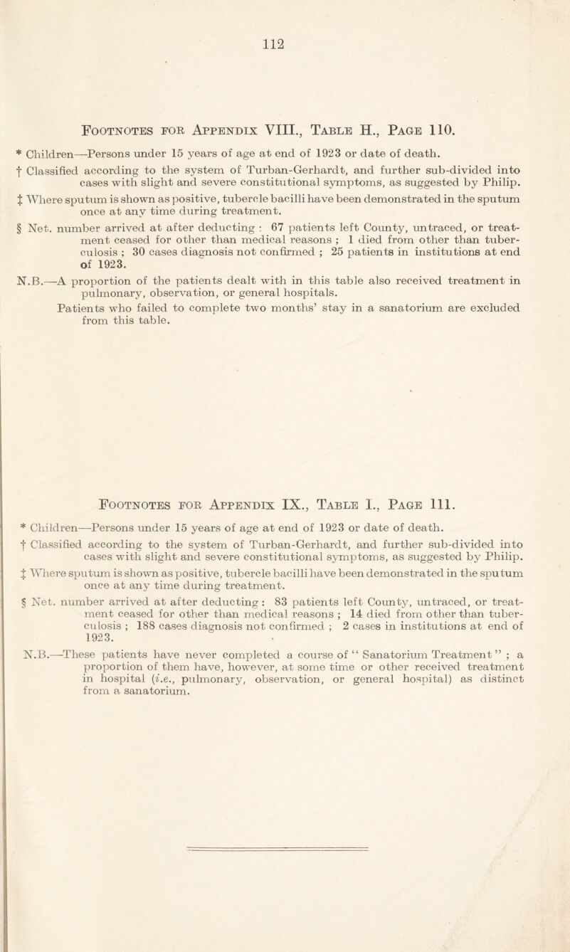 Footnotes for Appendix VIII., Table H., Page 110. * Children—Persons under 15 years of age at end of 1923 or date of death. 1 Classified according to the system of Turban-Gerhardt, and further sub-divided into cases with slight and severe constitutional symptoms, as suggested by Philip. % Where sputum is shown as positive, tubercle bacilli have been demonstrated in the sputum once at any time during treatment. § Net. number arrived at after deducting : 67 patients left County, untraced, or treat¬ ment ceased for other than medical reasons ; 1 died from other than tuber¬ culosis ; 30 cases diagnosis not confirmed ; 25 patients in institutions at end of 1923. N.B.—A proportion of the patients dealt with in this table also received treatment in pulmonary, observation, or general hospitals. Patients who failed to complete two months’ stay in a sanatorium are excluded from this table. Footnotes for Appendix IX., Table i., Page 111. * Children—Persons under 15 years of age at end of 1923 or date of death. f Classified according to the system of Turban-Gerhardt, and further sub-divided into cases with slight and severe constitutional symptoms, as suggested by Philip. 1 Where sputum is shown as positive, tubercle bacilli have been demonstrated in the sputum once at any time during treatment. § Net. number arrived at after deducting : 83 patients left County, un traced, or treat¬ ment ceased for other than medical reasons ; 14 died from other than tuber¬ culosis ; 188 cases diagnosis not confirmed ; 2 cases in institutions at end of 1923. N.B.—These patients have never completed a course of ‘4 Sanatorium Treatment ” ; a proportion of them have, however, at some time or other received treatment in hospital (i.e., pulmonary, observation, or general hospital) as distinct from a sanatorium.