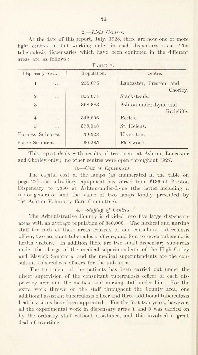 2.—Light Centres. At the date of this report, July, 1928, there are now one or more light centres in full working order in each dispensary area. The tuberculosis dispensaries which have been equipped in the different areas are as follows :— Table 7. Dispensary Area. Population. Centre. 1 255,076 Lancaster, Preston, and 2 355,674 Chorley. Stacksteads. 3 368,383 Ashton-under-Lyne and Radcliffe. 4 342,606 Eccles. 5 378,948 St. Helens. Furness Sub-area 39,328 Ulverston. Fylde Sub-area 60,285 Fleetwood. This report deals with results of treatment at Ashton, Lancaster and Chorley only ; no other centres were open throughout 1927. 3. —Cost of Equipment. The capital cost of the lamps (as enumerated in the table on page 22) and subsidiary equipment has varied from £135 at Preston Dispensary to £350 at Ashton-under-Lyne (the latter including a motor-generator and the value of two lamps kindly presented by the Ashton Voluntary Care Committee). 4. —Staffing of Centres. The Administrative County is divided into five large dispensary areas with an average population of 340,000. The medical and nursing staff for each of these areas consists of one consultant tuberculosis officer, two assistant tuberculosis officers, and four to seven tuberculosis health visitors. In addition there are two small dispensary sub-areas under the charge of the medical superintendents of the High Carley and Elswick Sanatoria, and the medical superintendents are the con¬ sultant tuberculosis officers for the sub-areas. The treatment of the patients has been carried out under the direct supervision of the consultant tuberculosis officer of each dis¬ pensary area and the medical and nursing staff under him. For the extra work thrown on the staff throughout the County area, one additional assistant tuberculosis officer and three additional tuberculosis health visitors have been appointed. For the first two years, however, all the experimental work in dispensary areas 1 and 3 was carried on by the ordinary staff without assistance, and this involved a great deal of overtime.