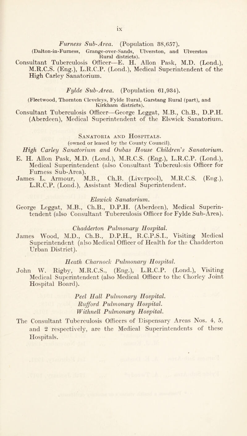 Furness Sub-Area. (Population 88,657). (Dalton-in-Furness, Grange-over-Sands, Ulverston, and Ulverston Rural districts). Consultant Tuberculosis Officer—E. H. Allon Pask, M.D. (Lond.), M.R.C.S. (Eng.), L.R.C.P. (Lond.), Medical Superintendent of the High Carley Sanatorium. Fylde Sub-Area. (Population 61,934). (Fleetwood, Thornton Cleveleys, Fylde Rural, Garstang Rural (part), and Kirkham districts). Consultant Tuberculosis Officer—George Leggat, M.B., Ch.B., D.P.H. (Aberdeen), Medical Superintendent of the Elswick Sanatorium. Sanatoria and Hospitals. (owned or leased by the County Council). High Carley Sanatorium and Oubas House Children’s Sanatorium. E. H. Allon Pask, M.D. (Lond.), M.R.C.S. (Eng.), L.R.C.P. (Lond.), Medical Superintendent (also Consultant Tuberculosis Officer for Furness Sub-Area). James L. Armour, M.B., Ch.B. (Liverpool), M.R.C.S. (Eng,), L.R.C.P. (Lond.), Assistant Medical Superintendent. Elswick Sanatorium. George Leggat, M.B., Ch.B., D.P.H. (Aberdeen), Medical Superin¬ tendent (also Consultant Tuberculosis Officer for Fylde Sub-Area). Chadderton Pulmonary Hospital. James Wood, M.D., Ch.B., D.P.H., R.C.P.S.I., Visiting Medical Superintendent (also Medical Officer of Health for the Chadderton Urban District). Heath Charnock Pulmonary Hospital. John W. Rigby, M.R.C.S., (Eng.), L.R.C.P. (Lond.), Visiting Medical Superintendent (also Medical Officer to the Chorley Joint Hospital Board). Peel Hall Pulmonary Hospital. Ruff or d Pulmonary Hospital. Withnell Pulmonary Hospital. The Consultant Tuberculosis Officers of Dispensary Areas Nos. 4, 5, and 2 respectively, are the Medical Superintendents of these Hospitals.