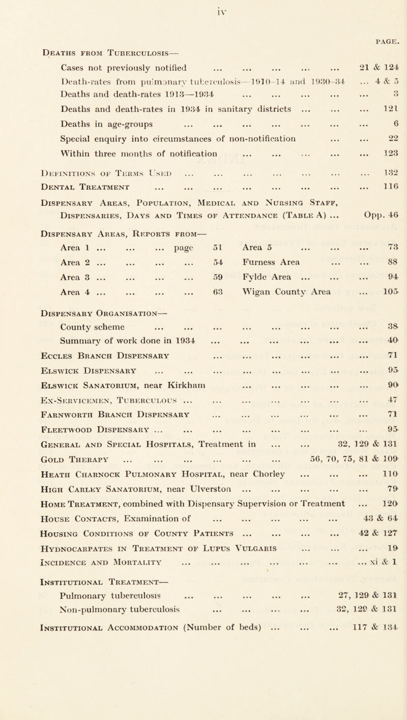 Deaths from Tuberculosis— Cases not previously notified Death-rates from pulmonary tuberculosis—1910-14 and 1930-34 Deaths and death-rates 1913—1934 Deaths and death-rates in 1934 in sanitary districts Deaths in age-groups Special enquiry into circumstances of non-notification Within three months of notification Definitions of Terms Used Dental Treatment Dispensary Areas, Population, Medical and Nursing Staff, Dispensaries, Days and Times of Attendance (Table A) ... Dispensary Areas, Reports from— page. 21 & 124 4 & 5 3 121 6 22 123 132 116 Opp. 46 Area 1 ... ... ... page 51 Area 5 • • • 73 Area 2 ... ... ... ... 54 Furness Area • • • 88 Area 3... ... ... ... 59 Fylde Area ... • • « 94 Area 4 ... 63 Wigan County Area ... 105 Dispensary Organisation— County scheme • • • ••• ••• ••• ••• 38 Summary of work done in 1934 • • • • •• ♦ • • ••• • • • 49 Eccles Branch Dispensary • • • ••• ••• ••• ••• 71 Elswicic Dispensary ... ••• ••• ••• ••• 95 Elswick Sanatorium, near Kirkham • • • ••• ••• ••• 90 Ex-Servicemen, Tuberculous ... ... • •• • • • ••• ••• 47 FARNWORTn Branch Dispensary ... • •• ••• ••• • • • 71 Fleetwood Dispensary ... ... ••• ••• ••• ••• 95 General and Special Hospitals, Treatment in ... ... 32, 129 & 131 Gold Therapy ... . 56, 70, 75 , 81 & 109 Heath Charnock Pulmonary Hospital, near Chorley • • » 110 High Carley Sanatorium, near Ulverston • •• ••• ••• • • • • • • 79 Home Treatment, combined with Dispensary Supervision or Treatment • • • 129 House Contacts, Examination of • • • • •• ••• * *• ••• 43 & 6 4 Housing Conditions of County Patients • •• • • • ••• • • • 42 & 127 Hydnocarpates in Treatment of Lupus Vulgaris ... 19 Incidence and Mortality • • • • •• ••• ••• •* * ... xi & 1 Institutional Treatment— Pulmonary tuberculosis • • • 07 • •• • « • • • • “ > * 129 & 131 Non-pulmonary tuberculosis Institutional Accommodation (Number of beds) 32, 129 & 131 117 & 134