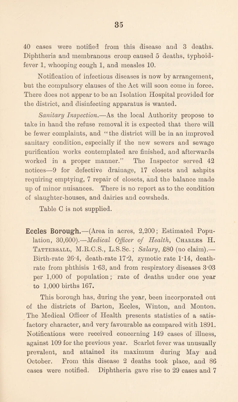 40 cases were notified from this disease and 3 deaths. Diphtheria and membranous croup caused 5 deaths, typhoid- fever 1, whooping cough 1, and measles 10. Notification of infectious diseases is now by arrangement, but the compulsory clauses of the Act will soon come in force. There does not appear to be an Isolation Hospital provided for the district, and disinfecting apparatus is wanted. Sanitary Inspection.—As the local Authority propose to take in hand the refuse removal it is expected that there will be fewer complaints, and “the district will be in an improved sanitary condition, especially if the new sewers and sewage purification works contemplated are finished, and afterwards worked in a proper manner.” The Inspector served 42 notices—9 for defective drainage, 17 closets and ashpits requiring emptying, 7 repair of closets, and the balance made up of minor nuisances. There is no report as to the condition of slaughter-houses, and dairies and cowsheds. Table C is not supplied. Eccles Borough.—(Area in acres, 2,200; Estimated Popu¬ lation, 30,600).—Medical Officer of Health, Charles H. Tattersall, M.R.C.S., L.S.Sc.; Salary, £80 (no claim).— Birth-rate 26*4, death-rate 17*2, zymotic rate 1T4, death- rate from phthisis P63, and from respiratory diseases 3’03 per 1,000 of population; rate of deaths under one year to 1,000 births 167. This borough has, during the year, been incorporated out of the districts of Barton, Eccles, Winton, and Monton. The Medical Officer of Health presents statistics of a satis¬ factory character, and very favourable as compared with 1891. Notifications were received concerning 149 cases of illness, against 109 for the previous year. Scarlet fever was unusually prevalent, and attained its maximum during May and October. From this disease 2 deaths took place, and 86 cases were notified. Diphtheria gave rise to 29 cases and 7