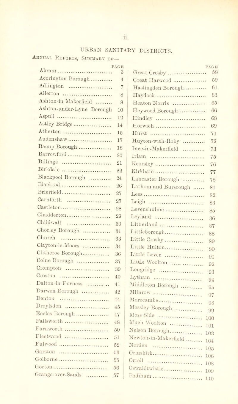 URBAN SANITARY DISTRICTS Annual Reports, Summary of— PACE Abram. 3 Accrington Borough. 4 Adlington . 7 Allerton . 8 Ashton-in-Makerfield . 8 Ashton-under-Lyne Borough 10 Aspull . 72 Astley Bridge. 14 Atherton. 15 Audenshaw. 17 PAGE . 58 Bacup Borough . Barrowford. Billinge . Birkdale . Blackpool Borough . . 24 Biackrod . Brierfield. Carnfortli . Castleton. Chadderton. Childwall . Chorley Borough . . 31 Church . Clayton-le-Moors . Clitheroe Borough. . 36 Colne Borough . Crompton . Croston . Dalton-in-Furness . - 41 Darwen Borough . Denton . Droylsden . Eccles Borough. Failsworth . Farnworth . Fleetwood . Fulwood . Gars ton . Golborne. Gorton. Grange-over-Sands . . 57 Great Crosby. Great Harwood. 59 Haslingden Borough. G1 Haydock. G3 Heaton Norris . G5 Heywood Borough. 66 Hindley . 68 Horwich . 69 Hurst . 71 Huyton-with-Roby . 72 Ince-in-Makerfield . 73 Irlam . 75 Kearsley . 7G Kirkham. 77 Lancaster Borough . 7S Lathom and Burscough . 81 Lees. 82 Leigh . 83 Levenshuhne. 85 Leyland . 3g Litherland . 37 Littleborough. gg Little Crosby. 39 Little Hulton. ,-q Little Lever . <37 Little Woolton . qq Longridge . Lytham . Middleton Borough . 95 Milnrow . Morecambe. Mossley Borough . Moss Side . Much Woolton . Nelson Borough. Newton-in-Makerfield .... Norden . Ormskirk. Orrell . Oswaldtwistle. Padiham. 93 94 97 93 99 100 101 103 104 105 106 108 109 110