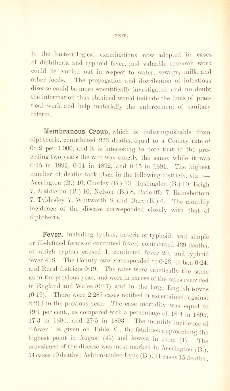 in the bacteriological examinations now adopted in cases of diphtheria and typhoid fever, and valuable research work could be carried out in respect to water, sewage, milk, and other foods. The propagation and distribution of infectious disease could be more scientifically investigated, and no doubt the information thus obtained would indicate the lines of prac¬ tical work and help materially the enforcement of sanitary reform. Membranous Croup, which is indistinguishable from diphtheria, contributed 226 deaths, equal to a County rate of 0T2 per 1,000, and it is interesting to note that in the pre¬ ceding two years the rate was exactly the same, while it was 0T5 in 1893, 0T4 in 1892, and 0T5 in 1891. The highest number of deaths took place in the following districts, viz. :_ Accrington (B.) 10. Chorley (B.) 13, Haslingden (B.) 10, Leigh 7, Middleton (B.) 10, Nelson (B.) 8, Radcliffe 7, Ramsbottom 7. Tyldesley 7, Whitworth 8, and Bury (R.) G. The monthly incidence of the disease corresponded closely with that of diphtheria. Fever, including typhus, enteric or typhoid, and simple or ill-defined forms of continued fever, contributed 439 deaths of which typhus caused 1, continued fever 20, and typhoid fever 418. The County rate corresponded to 0-23, Urban 0'24 and Rural districts 0T9. The rates were practically the same as in the previous year, and were in excess of the rates recorded in England and Wales (0-17) and in the large English towns (0T9). There were 2,287 cases notified or ascertained, against 2,213 in the previous year. The case mortality was equal to 19-1 per cent., as compared with a percentage of 18-4 in 1895 17-3 in 1894, and 27'5 in 1893. The monthly incidence of “fever” is given on Table V., the fatalities approaching the highest point in August (45) and lowest in June (4) The prevalence of the disease was most marked in Accrington (B ) 54 cases 10 deaths; Ashton-under-Lyne (B.), 71 cases 15 deaths •