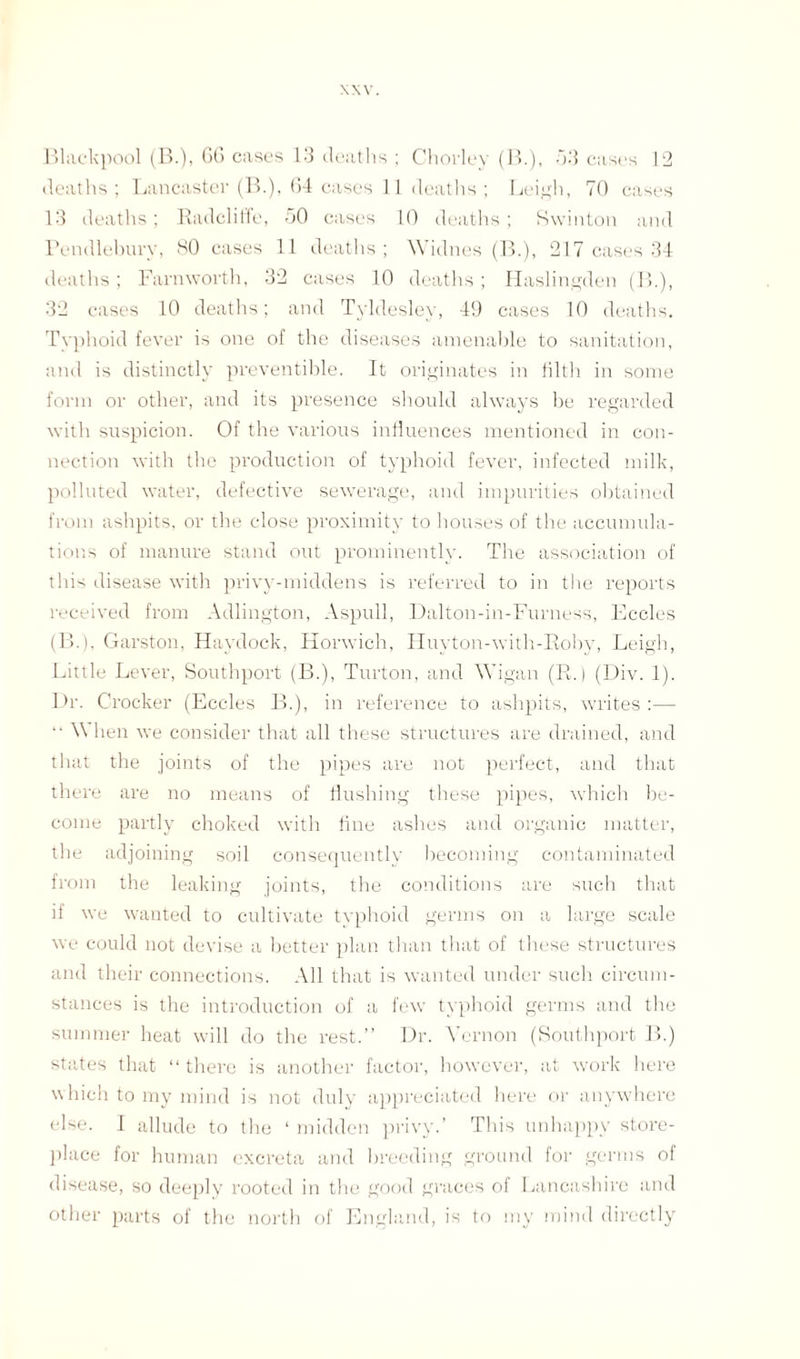 Blackpool (B.), 66 cases 13 deaths ; Chorley (B.), 63 cases 12 deaths ; Lancaster (B.), 64 cases 11 deaths ; Leigh, 70 cases 13 deaths; Radcliffe, 50 cases 10 deaths; Swinton and Pendlebury, 80 cases 11 deaths; Widnes (B.), 217 cases 34 deaths; Farn worth, 32 cases 10 deaths; Haslingden (B.), 32 cases 10 deaths; and Tyldeslev, 49 cases 10 deaths. Typhoid fever is one of the diseases amenable to sanitation, and is distinctly preventible. It originates in filth in some form or other, and its presence should always be regarded with suspicion. Of the various influences mentioned in con¬ nection with the production of typhoid fever, infected milk, polluted water, defective sewerage, and impurities obtained from ashpits, or the close proximity to houses of the accumula¬ tions of manure stand out prominently. The association of this disease with privy-middens is referred to in the reports received from Adlington, Aspull, Dalton-in-Furness, Eccles (B.), Garston, Haydock, Horwich, Huyton-with-Roby, Leigh, Little Lever, Southport (B.), Turton, and Wigan (R.) (Div. 1). Dr. Crocker (Eccles B.), in reference to ashpits, writes :— “ When we consider that all these structures are drained, and that the joints of the pipes are not perfect, and that there are no means of flushing these pipes, which be¬ come partly choked with fine ashes and organic matter, the adjoining soil consequently becoming contaminated from the leaking joints, the conditions are such that if we wanted to cultivate typhoid germs on a large scale we could not devise a better plan than that of these structures and their connections. All that is wanted under such circum¬ stances is the introduction of a few typhoid germs and the summer heat will do the rest.” Dr. Vernon (Southport B.) states that “ there is another factor, however, at work here which to my mind is not duly appreciated here or anywhere else. I allude to the ‘ midden privy.’ This unhappy store- place for human excreta and breeding ground for germs of disease, so deeply rooted in the good graces of Lancashire and other parts of the north of England, is to my mind directly