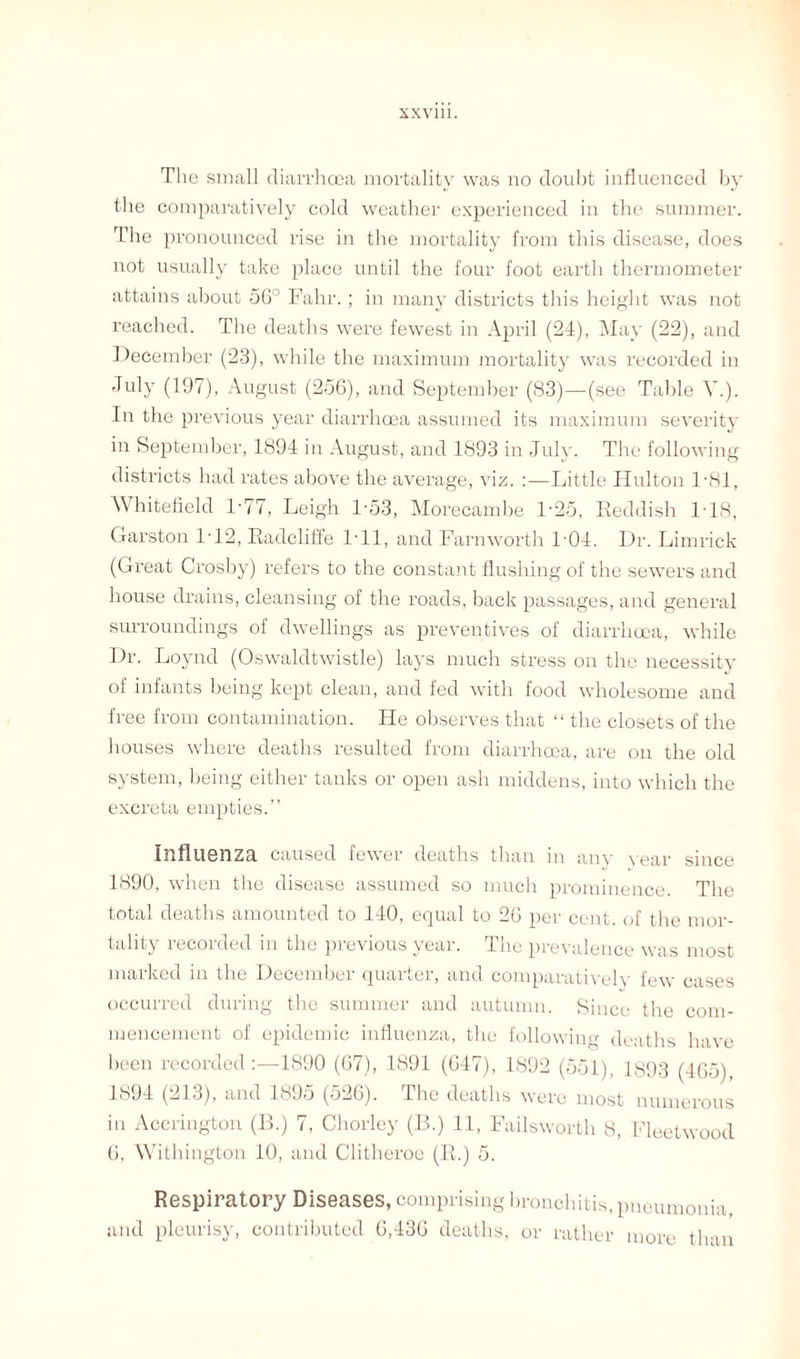 The small diarrhoea mortality was no doubt influenced by the comparatively cold weather experienced in the summer. The pronounced rise in the mortality from this disease, does not usually take place until the four foot earth thermometer attains about 56° Fahr. ; in many districts this height was not reached. The deaths were fewest in April (2d), May (22), and December (23), while the maximum mortality was recorded in July (197), August (256), and September (83)—(see Table Y.). In the previous year diarrhoea assumed its maximum severity in September, 1894 in August, and 1893 in July. The following districts had rates above the average, viz. :—Little Hulton 1-81, Whitefield L77, Leigh 1-53, Morecambe l-25, Reddish 1T8, Garston 1T2, Radcliffe I'll, and Farnworth 104. Dr. Limrick (Great Crosby) refers to the constant flushing of the sewers and house drains, cleansing of the roads, back passages, and general surroundings of dwellings as preventives of diarrhoea, while Dr. Loynd (Oswaldtwistle) lays much stress on the necessity of infants being kept clean, and fed with food wholesome and free from contamination. He observes that “ the closets of the houses where deaths resulted from diarrhoea, are on the old system, being either tanks or open ash middens, into which the excreta empties.” Influenza caused fewer deaths than in any year since 1890, when the disease assumed so much prominence. The total deaths amounted to 140, equal to 26 per cent, of the mor¬ tality recorded in the previous year. The prevalence was most marked in the December quarter, and comparatively few cases occurred during the summer and autumn. Since the com¬ mencement of epidemic influenza, the following deaths have been recorded:—1890 (67), 1891 (647), 1892 (551), 1393 (4G5), 1894 (213), and 1895 (526). The deaths were most numerous in Accrington (B.) 7, Chorley (B.) 11, Failsworth 8, Fleetwood (i, Withington 10, and Clitheroo (R.) 5. Respiratory Diseases, comprising bronchitis, pneumonia, and pleurisy, contributed 6,436 deaths, or rather more than