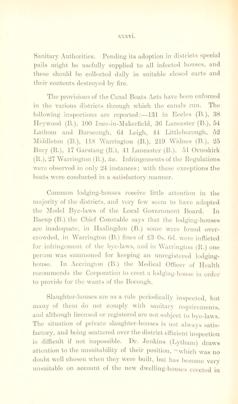 Sanitary Authorities. Pending its adoption in districts special pails might be usefully supplied to all infected houses, and these should he collected daily in suitable closed carts and their contents destroyed by fire. The provisions of the Canal Boats Acts have been enforced in the various districts through which the canals run. The following inspections are reported:—131 in Eccles (B.), 38 Ileywood (B.), 100 Ince-in-Makerfield, 36 Lancaster (B.), 54 Lathom and Burscough, 64 Leigh, 44 Littleborough, 52 Middleton (B.), 118 Warrington (B.), 219 Widnes (B.), 25 Bury (R.), 17 Garstang (R.l, 41 Lancaster (R.), 51 Ormskirk (R.), 27 Warrington (R.), &c. Infringements of the Regulations were observed in only 24 instances: with these exceptions the boats were conducted in a satisfactory manner. Common lodging-houses receive little attention in the majority of the districts, and very few seem to have adopted the Model Bye-laws of the Local Government Board. In Bacup (B.) the Chief Constable says that the lodging-houses are inadequate, in Haslingden (B.) some were found over¬ crowded, in Warrington (B.) fines of £3 Os. 6d. were inflicted for infringement of the bye-laws, and in Warrington (R.) one person was summoned for keeping an unregistered lodging- house. In Accrington (B.) the Medical Officer of Health recommends the Corporation to erect a lodging-house in order to provide for the wants of the Borough. Slaughter-houses are as a rule periodically inspected, hut many of them do not comply with sanitary requirements, and although licensed or registered are not subject to bye-laws. The situation of private slaughter-houses is not always satis¬ factory, and being scattered over the district efficient inspection is difficult if not impossible. Dr. Jenkins (Lytham) draws attention to the unsuitability of their position, “winch was no doubt well chosen when they were built, but lias become very unsuitable on account of the new dwelling-houses erected in