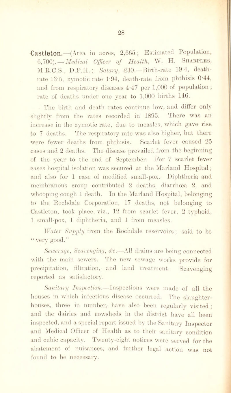 Castleton.—(Area in acres, 2,605 ; Estimated Population, 6,700). — Medical Officer of Health, W. H. Sharples, M.R.C.S., D.P.H.; Salary, £30.—Birth-rate 19 4, death- rate 13'5, zymotic rate P94, death-rate from phthisis 0'44, and from respiratory diseases 4-47 per 1,000 of population ; rate of deaths under one year to 1,000 births 146. The birth and death rates continue low, and differ only slightly from the rates recorded in 1895. There was an increase in the zymotic rate, due to measles, which gave rise to 7 deaths. The respiratory rate was also higher, hut there were fewer deaths from phthisis. Scarlet fever caused 25 cases and 2 deaths. The disease prevailed from the beginning of the year to the end of September. For 7 scarlet fever cases hospital isolation was secured at the Marland Hospital; and also for 1 case of modified small-pox. Diphtheria and membranous croup contributed 2 deaths, diarrhoea 2, and whooping cough 1 death. In the Marland Hospital, belonging to the Rochdale Corporation, 17 deaths, not belonging to Castleton, took place, viz., 12 from scarlet fever, 2 typhoid, 1 small-pox, 1 diphtheria, and 1 from measles. Water Supply from the Rochdale reservoirs; said to be “ very good.” Sewerage, Scavenging, it'C.—All drains are being connected with the main sewers. The new sewage works provide for precipitation, filtration, and land treatment. Scavenging reported as satisfactory. Sanitary Inspection.—Inspections were made of all the houses in which infectious disease occurred. The slaughter¬ houses, three in number, have also been regularly visited; and the dairies and cowsheds in the district have all been inspected, and a special report issued by the Sanitary Inspector and Medical Officer of Health as to their sanitary condition and cubic capacity. Twenty-eight notices were served for the abatement of nuisances, and further legal action was not found to be necessary.