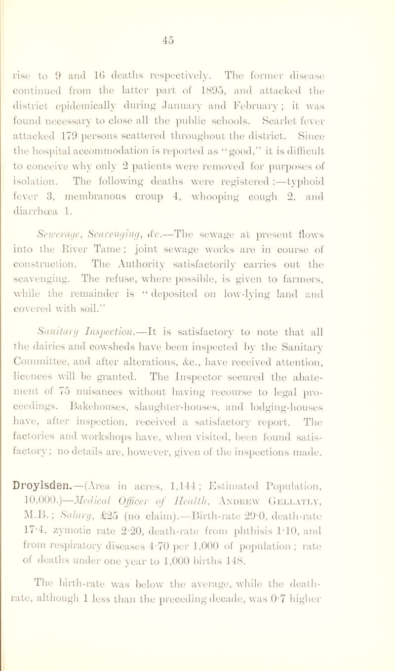 rise to 9 and 1(5 deaths respectively. The former disease- continued from the latter part of 1895, and attacked the district epidemically during January and February; it was found necessary to close all the public schools. Scarlet fever attacked 179 persons scattered throughout the district. Since the hospital accommodation is reported as “good,” it is difficult to conceive why only 2 patients were removed for purposes of isolation. The following deaths were registered :—typhoid fever 3, membranous croup 4, whooping cough 2. and diarrhoea 1. Sewerage, Scavenging, J'c.—The sewage at present flows into the River Tame ; joint sewage works are in course of construction. The Authority satisfactorily carries out the scavenging. The refuse, where possible, is given to farmers, while the remainder is “ deposited on low-lying land and covered with soil.” Sanitary Inspection.—It is satisfactory to note that all the dairies and cowsheds have been inspected by the Sanitary Committee, and after alterations, &c., have received attention, licences will be granted. The Inspector secured the abate¬ ment of 75 nuisances without having recourse to legal pro¬ ceedings. Bakehouses, slaughter-houses, and lodging-houses have, after inspection, received a satisfactory report. The factories and workshops have, when visited, been found satis¬ factory; no details are, however, given of the inspections made. Droylsden.—(Area in acres, 1.144 ; Estimated Population, 10,000.)—Medical Officer of Health, Andrew Geleatlv, ALB.; Salary, £25 (no claim).—Birth-rate 29-0, death-rate 17*4, zymotic rate 2-20, death-rate from phthisis L10, and from respirator)- diseases 4-70 per 1,000 of population ; rate of deaths under one year to 1,000 births 148. The birth-rate was below the average, while the death- rate, although 1 less than the preceding decade, was 0-7 higher