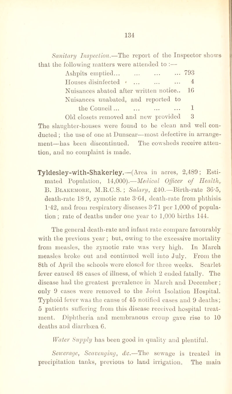 Sanitary Inspection,—The report of the Inspector shows that the following matters were attended to :— Ashpits emptied... ... ... ... 793 Houses disinfected « ... ... 4 Nuisances abated after written notice.. 16 Nuisances unabated, and reported to the Council... ... ... ... 1 Old closets removed and new provided 3 The slaughter-houses were found to be clean and well con¬ ducted ; the use of one at Dunscar—most defective in arrange¬ ment—has been discontinued. The cowsheds receive atten¬ tion, and no complaint is made. Tyldesley-with-Shakerley.—(Area in acres, 2,489 ; Esti¬ mated Population, 14,000).—Medical Officer of Health, B. Blakemore, M.R.C.S. ; Salary, £40.—Birth-rate 36-5, death-rate 18 9, zymotic rate 3'64, death-rate from phthisis 142, and from respiratory diseases 3‘71 per 1,000 of popula¬ tion ; rate of deaths under one year to 1,000 births 144. The general death-rate and infant rate compare favourably with the previous year; but, owing to the excessive mortality from measles, the zymotic rate was very high. In March measles broke out and continued well into July. From the 8th of April the schools were closed for three weeks. Scarlet fever caused 48 cases of illness, of which 2 ended fatally. The disease had the greatest prevalence in March and December; only 9 cases were removed to the Joint Isolation Hospital. Typhoid fever was the cause of 45 notified cases and 9 deaths; 5 patients suffering from this disease received hospital treat¬ ment. Diphtheria and membranous croup gave rise to 10 deaths and diarrhoea 6. Water Supply has been good in quality and plentiful. Sewerage, Scavenging, &c.—The sewage is treated in precipitation tanks, previous to land irrigation. The main