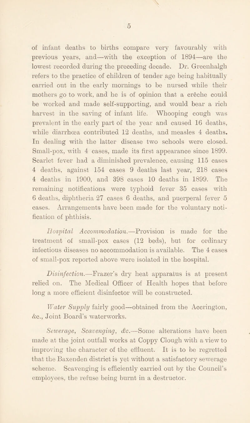 of infant deaths to births compare very favourably with previous years, and—with the exception of 1894—are the lowest recorded during the preceding decade. Dr. Greenhalgh refers to the practice of children of tender age being habitually carried out in the early mornings to be nursed while their mothers go to work, and he is of opinion that a creche could be worked and made self-supporting, and would bear a rich harvest in the saving of infant life. Whooping cough was prevalent in the early part of the year and caused 16 deaths, while diarrhoea contributed 12 deaths, and measles 4 deaths. In dealing with the latter disease two schools were closed. Small-pox, with 4 cases, made its first appearance since 1899. Scarlet fever had a diminished prevalence, causing 115 cases 4 deaths, against 154 cases 9 deaths last year, 218 cases 4 deaths in 1900, and 398 cases 10 deaths in 1899. The remaining notifications were typhoid fever 35 cases with 6 deaths, diphtheria 27 cases 6 deaths, and puerperal fever 5 cases. Arrangements have been made for the voluntary noti¬ fication of phthisis. Hospital Accommodation.—Provision is made for the treatment of small-pox cases (12 beds), but for ordinary infectious diseases no accommodation is available. The 4 cases of small-pox reported above were isolated in the hospital. Disinfection.—Frazer’s dry heat apparatus is at present relied on. The Medical Officer of Health hopes that before long a more efficient disinfector will be constructed. Water Supply fairly good—obtained from the Accrington, &c., Joint Board’s waterworks. Sewerage, Scavenging, dc.—Some alterations have been made at the joint outfall works at Coppy Clough with a view to improving the character of the effluent. It is to be regretted that the Baxenden district is yet without a satisfactory sewerage scheme. Scavenging is efficiently carried out by the Council’s employees, the refuse being burnt in a destructor.