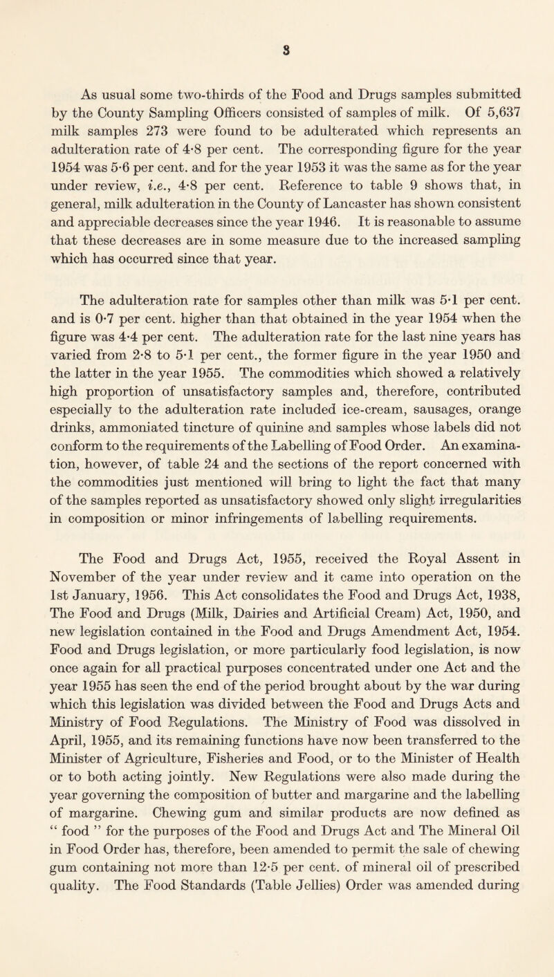 s As usual some two-thirds of the Food and Drugs samples submitted by the County Sampling Officers consisted of samples of milk. Of 5,637 milk samples 273 were found to be adulterated which represents an adulteration rate of 4*8 per cent. The corresponding figure for the year 1954 was 5*6 per cent, and for the year 1953 it was the same as for the year under review, i.e., 4-8 per cent. Reference to table 9 shows that, in general, milk adulteration in the County of Lancaster has shown consistent and appreciable decreases since the year 1946. It is reasonable to assume that these decreases are in some measure due to the increased sampling which has occurred since that year. The adulteration rate for samples other than milk was 5T per cent, and is 0*7 per cent, higher than that obtained in the year 1954 when the figure was 4-4 per cent. The adulteration rate for the last nine years has varied from 2-8 to 5*1 per cent., the former figure in the year 1950 and the latter in the year 1955. The commodities which showed a relatively high proportion of unsatisfactory samples and, therefore, contributed especially to the adulteration rate included ice-cream, sausages, orange drinks, ammoniated tincture of quinine and. samples whose labels did not conform to the requirements of the Labelling of Food Order. An examina¬ tion, however, of table 24 and the sections of the report concerned with the commodities just mentioned will bring to light the fact that many of the samples reported as unsatisfactory showed only slight irregularities in composition or minor infringements of labelling requirements. The Food and Drugs Act, 1955, received the Royal Assent in November of the year under review and it came into operation on the 1st January, 1956. This Act consolidates the Food and Drugs Act, 1938, The Food and Drugs (Milk, Dairies and Artificial Cream) Act, 1950, and new legislation contained in the Food and Drugs Amendment Act, 1954. Food and Drugs legislation, or more particularly food legislation, is now once again for all practical purposes concentrated under one Act and the year 1955 has seen the end of the period brought about by the war during which this legislation was divided between the Food and Drugs Acts and Ministry of Food Regulations. The Ministry of Food was dissolved in April, 1955, and its remaining functions have now been transferred to the Minister of Agriculture, Fisheries and Food, or to the Minister of Health or to both acting jointly. New Regulations were also made during the year governing the composition of butter and margarine and the labelling of margarine. Chewing gum and similar products are now defined as “ food ” for the purposes of the Food and Drugs Act and The Mineral Oil in Food Order has, therefore, been amended to permit the sale of chewing gum containing not more than 12-5 per cent, of mineral oil of prescribed quality. The Food Standards (Table Jellies) Order was amended during