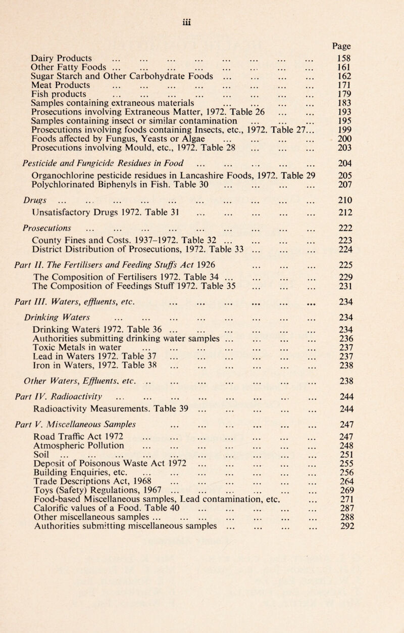 Dairy Products . Other Fatty Foods. Sugar Starch and Other Carbohydrate Foods. Meat Products . Fish products . Samples containing extraneous materials . Prosecutions involving Extraneous Matter, 1972. Table 26 . Samples containing insect or similar contamination . Prosecutions involving foods containing Insects, etc., 1972. Table 27... Foods affected by Fungus, Yeasts or Algae . Prosecutions involving Mould, etc., 1972. Table 28 . Page 158 161 162 171 179 183 193 195 199 200 203 Pesticide and Fungicide Residues in Food Organochlorine pesticide residues in Lancashire Foods, 1972. Table 29 Polychlorinated Biphenyls in Fish. Table 30 . Drugs Unsatisfactory Drugs 1972. Table 31 Prosecutions County Fines and Costs. 1937-1972. Table 32. District Distribution of Prosecutions, 1972. Table 33. Part II. The Fertilisers and Feeding Stuffs Act 1926 The Composition of Fertilisers 1972. Table 34. The Composition of Feedings Stuff 1972. Table 35 . Part III. Waters, effluents, etc. . 204 205 207 210 212 222 223 224 225 229 231 234 Drinking Waters 234 Drinking Waters 1972. Table 36. Authorities submitting drinking water samples Toxic Metals in water . Lead in Waters 1972. Table 37 . Iron in Waters, 1972. Table 38 . 234 236 237 237 238 Other Waters, Effluents. etc. 238 Part IV. Radioactivity Radioactivity Measurements. Table 39 244 244 Part V. Miscellaneous Samples 247 Road Traffic Act 1972 . Atmospheric Pollution . Soil . Deposit of Poisonous Waste Act 1972 . Building Enquiries, etc. Trade Descriptions Act, 1968 . Toys (Safety) Regulations, 1967 . Food-based Miscellaneous samples, Lead contamination, etc. Calorific values of a Food. Table 40 .. Other miscellaneous samples. Authorities submitting miscellaneous samples . 247 248 251 255 256 264 269 271 287 288 292