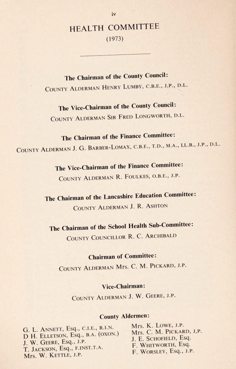 HEALTH COMMITTEE (1973) The Chairman of the County Council: County Alderman Henry Lumby, c.b.e., j.p., d.l. The Vice-Chairman of the County Council. County Alderman Sir Fred Longworth, d.l. The Chairman of the Finance Committee: County The Vice-Chairman of the Finance Committee. County Alderman R. Foulkes, o.b.e., j.p. The Chairman of the Lancashire Education Committee : County Alderman J. R. Ashton The Chairman of the School Health Sub-Committee: County Councillor R. C. Archibald Chairman of Committee: County Alderman Mrs. C. M. Pickard, j.p. Vice-Chairman: County Alderman J. W. Geere, j.p. County Aldermen: G. L. Annett, Esq., c.i.e., R.i.N. D H. Elletson, Esq., b.a. (oxon.) J. W. Geere, Esq., j.p. T. Jackson, Esq., f.inst.t.a. Mrs. W. Kettle, j.p. Mrs. K. Lowe, j.p. Mrs. C. M. Pickard, j,p. J. E. Schofield, Esq. F. Whitworth, Esq. F. Worsley, Esq., j.p